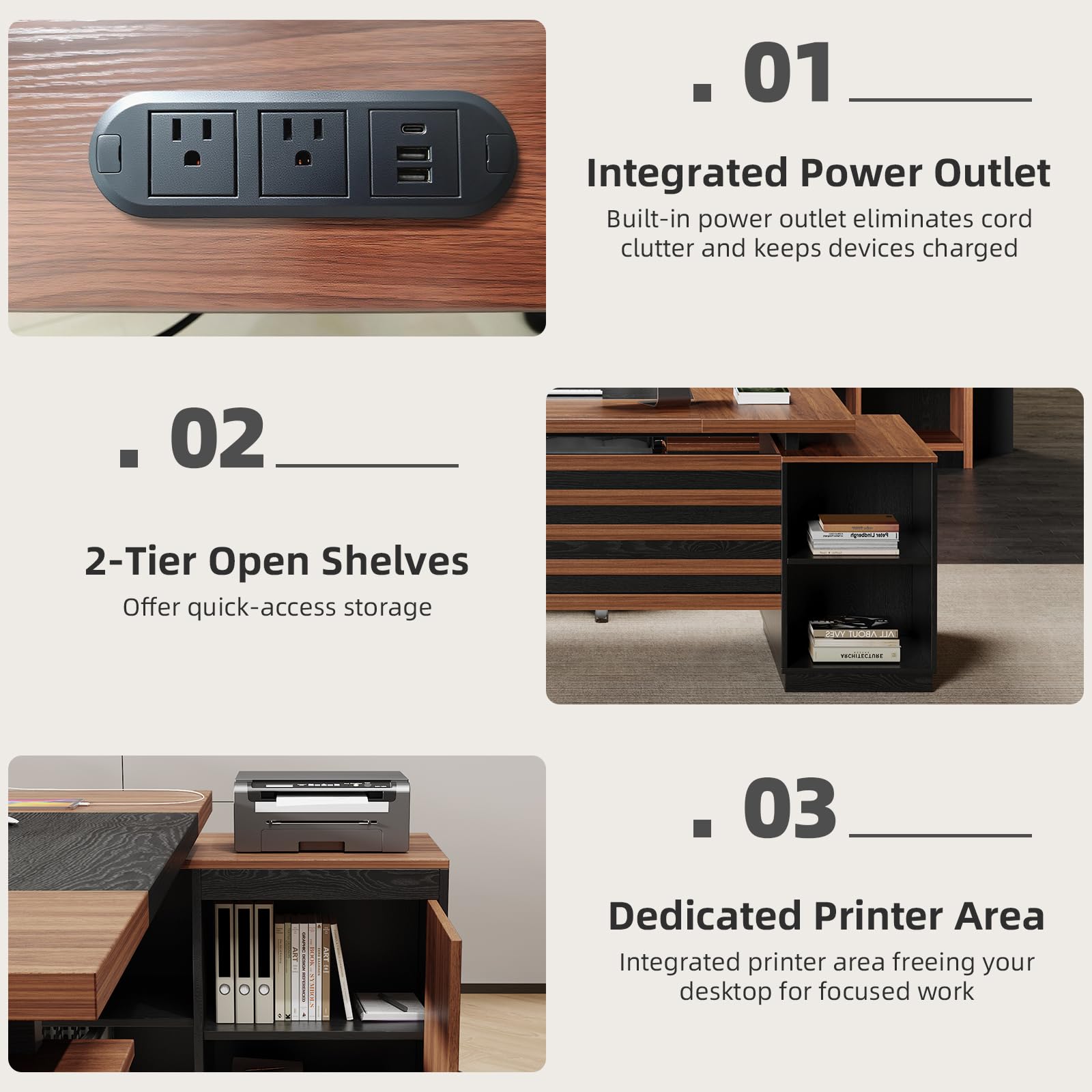 78" L-Shaped Executive Desk with Power Outlets & Storage