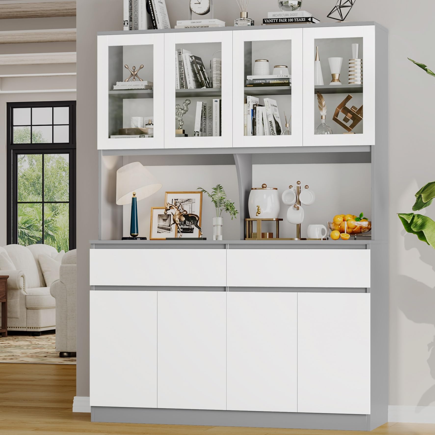 Kitchen Pantry Storage Cabinet with Glass Doors