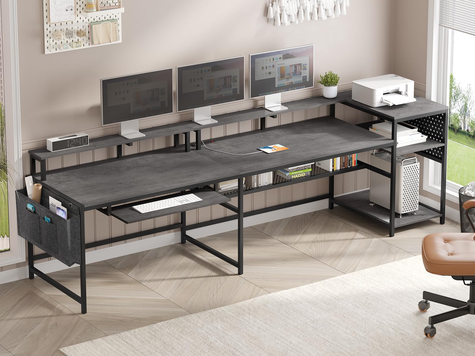 L-Shaped Gaming Desk with Power Outlets and LED Strip