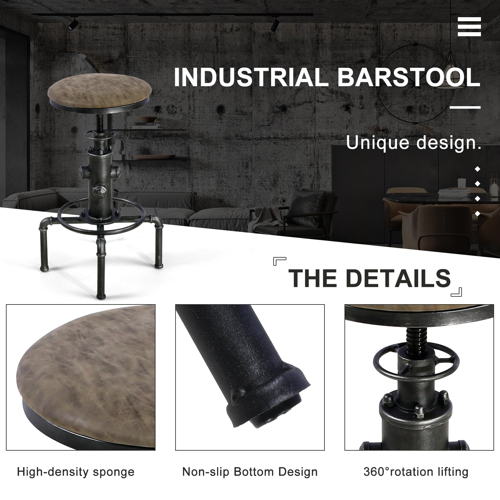 5 Piece Industrial Pub Bar Set with Height Adjustable Table and Stools