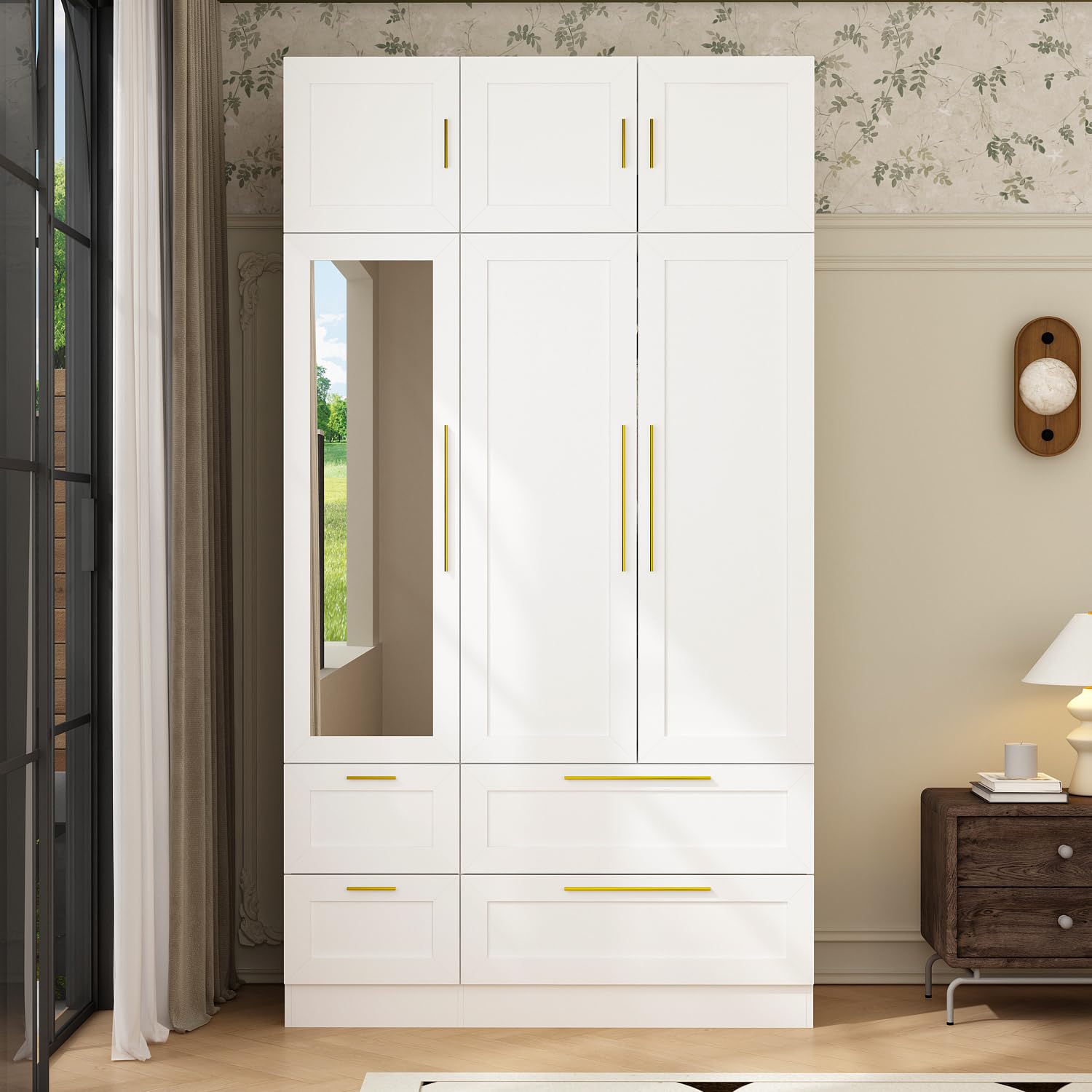 3-Door Wardrobe Closet with Mirror and Drawers