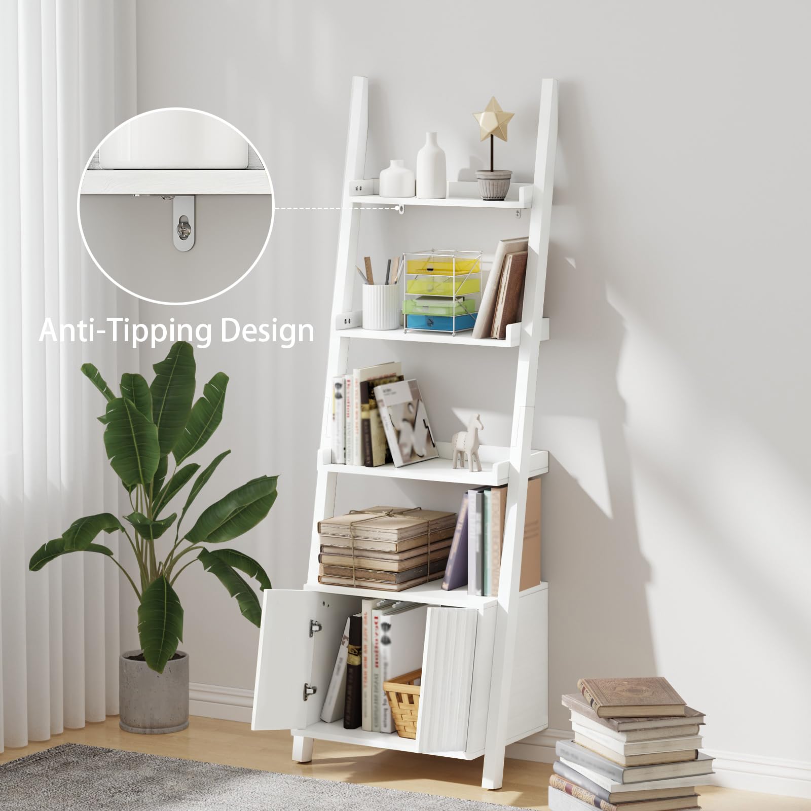 Four-Layer Ladder Bookshelf with Storage Cabinet