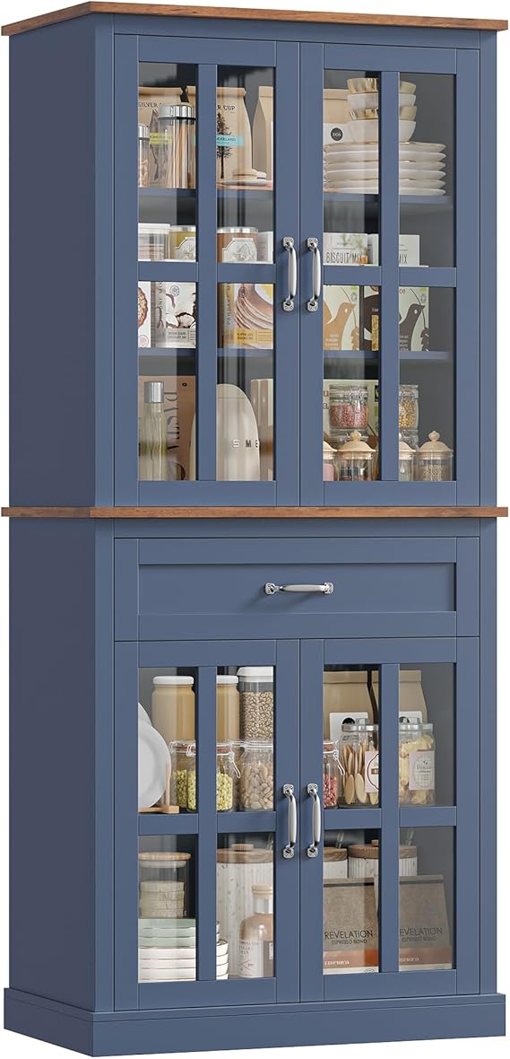 Kitchen Pantry Cabinet with Glass Doors and Drawer