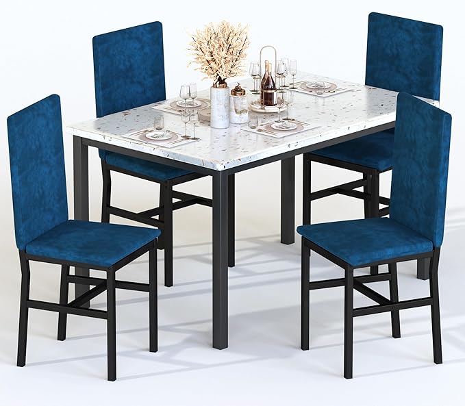 5 Pieces Dining Table Set with Faux Marble Top and 4 Upholstered Chairs