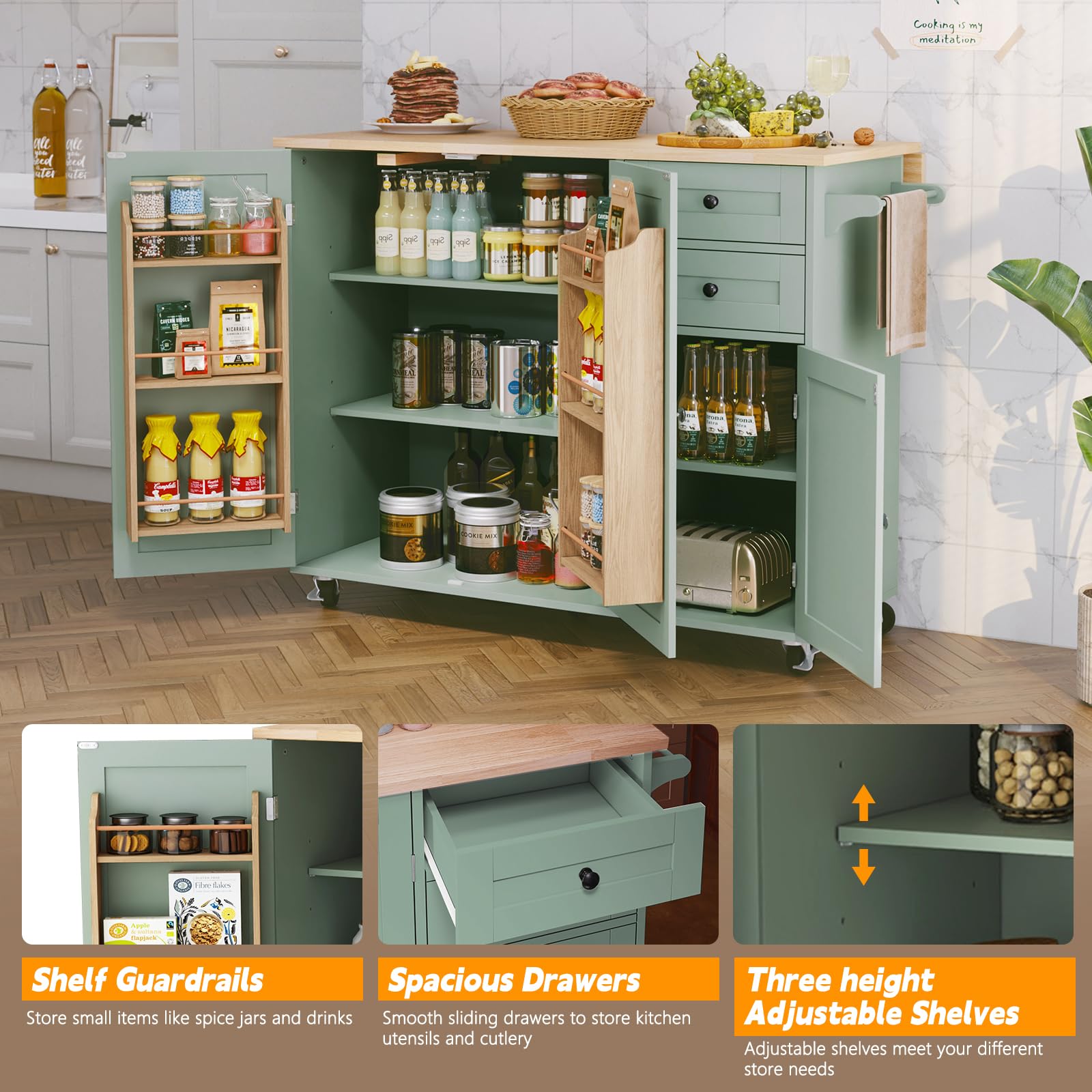 Sage Green Rolling Kitchen Island with Drop-Leaf and Storage