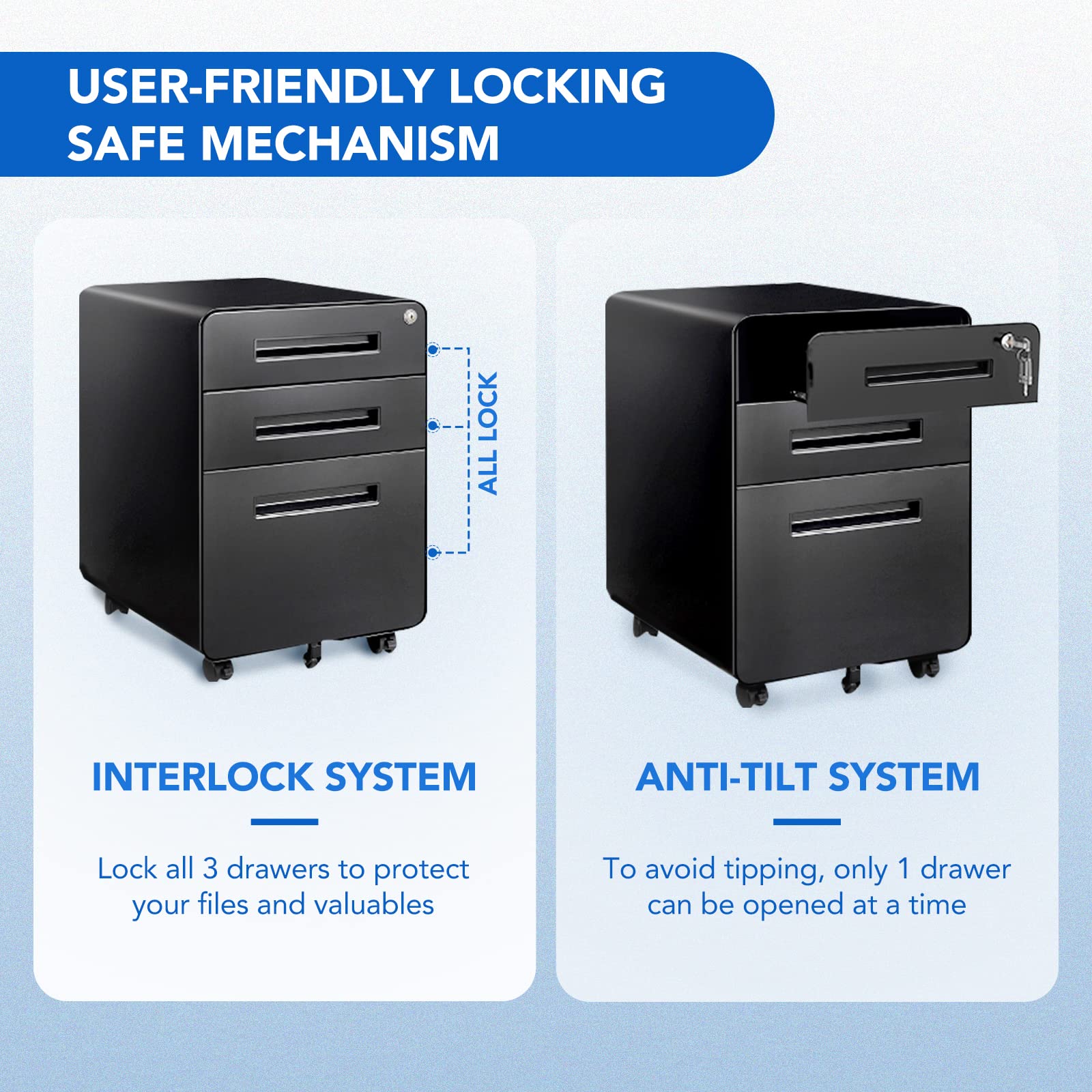 3 Drawer Mobile File Cabinet with Lock and Wheels