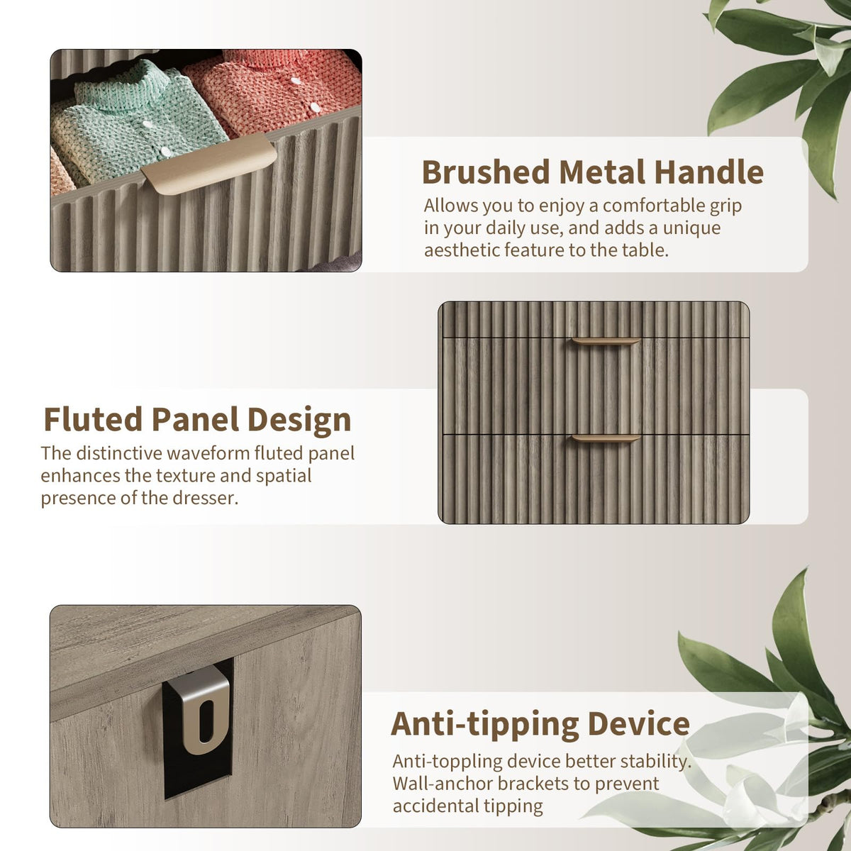Fluted 6 Drawer Dresser with Metal Handle