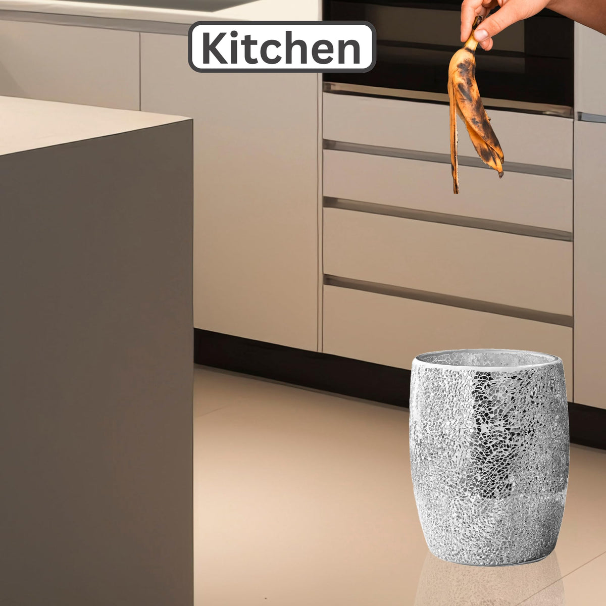 Modern Bathroom Trash Can Silver Mosaic Glass 5L