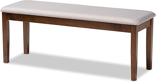 Grey Fabric Upholstered Dining Bench with Walnut Brown Wood Frame