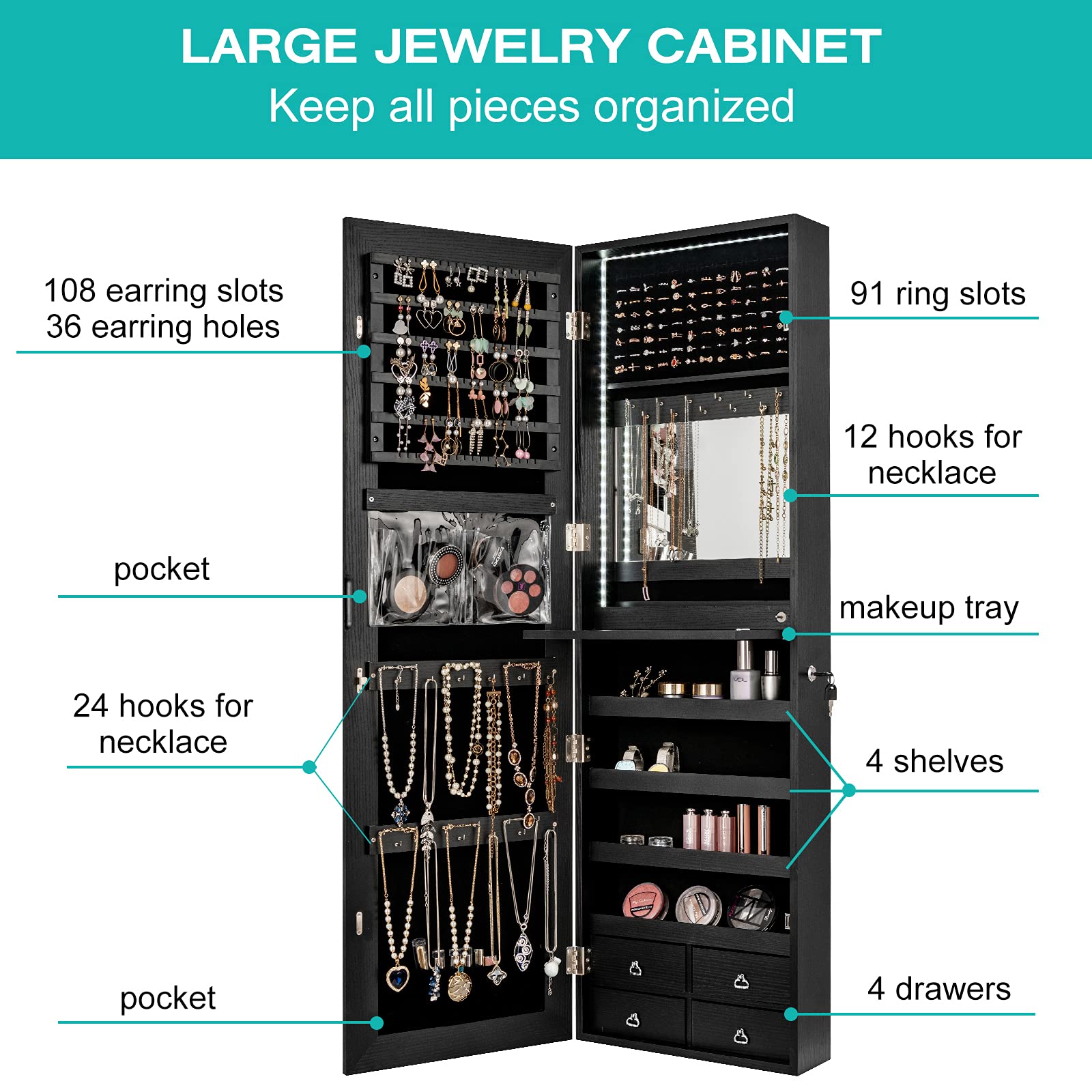 LED Strip Jewelry Armoire with Full Length Mirror