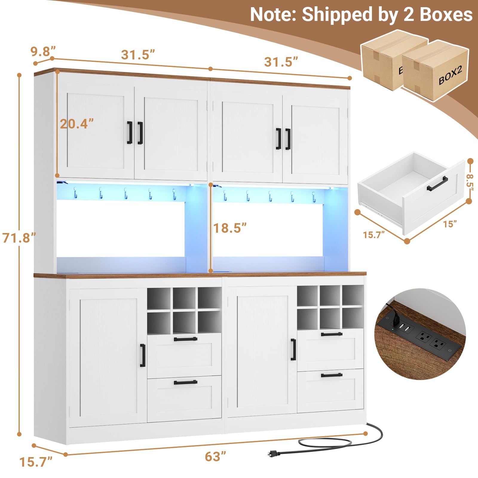 72" Tall Pantry Cabinet with LED Light & Outlet