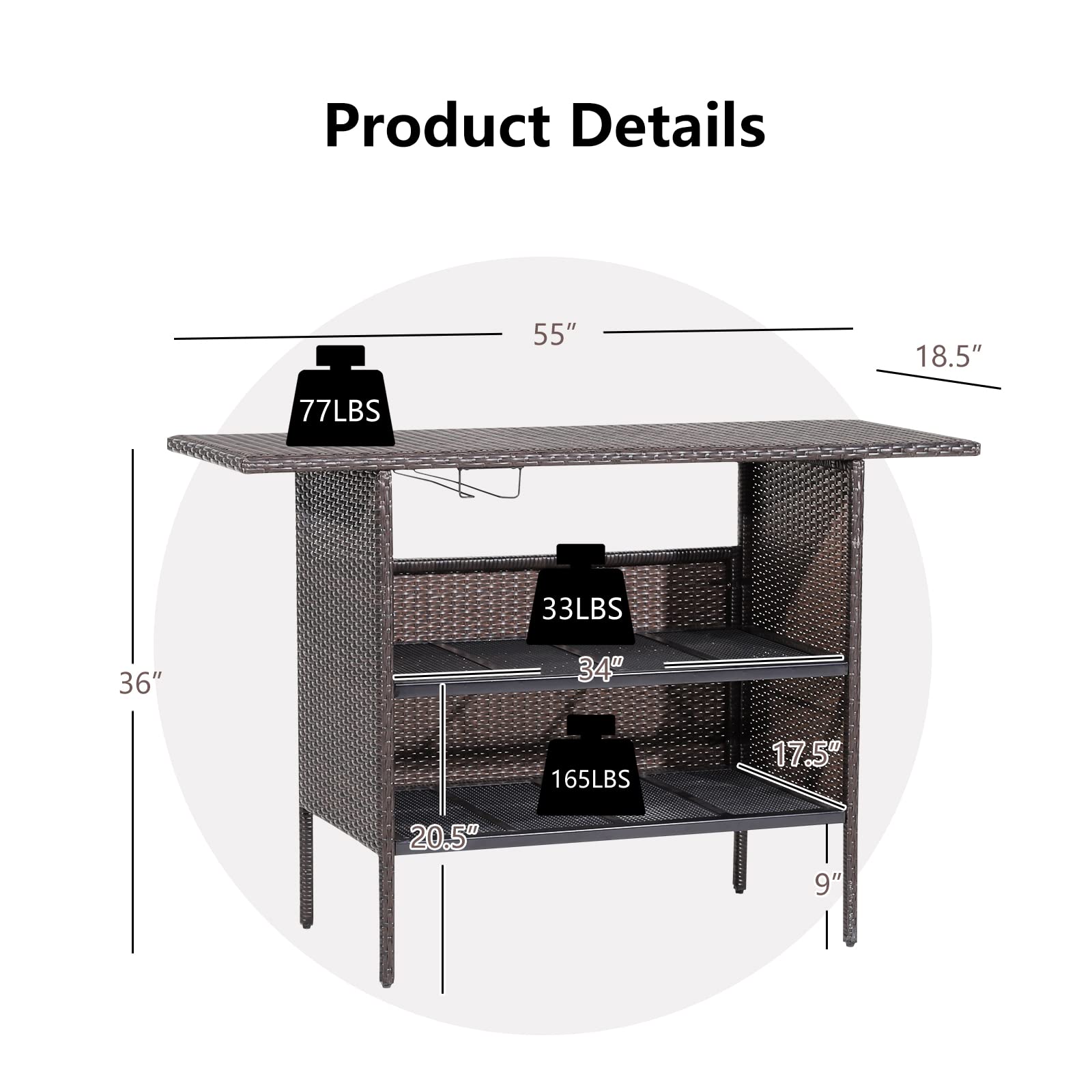 Outdoor Wicker Bar Table with Storage Shelves