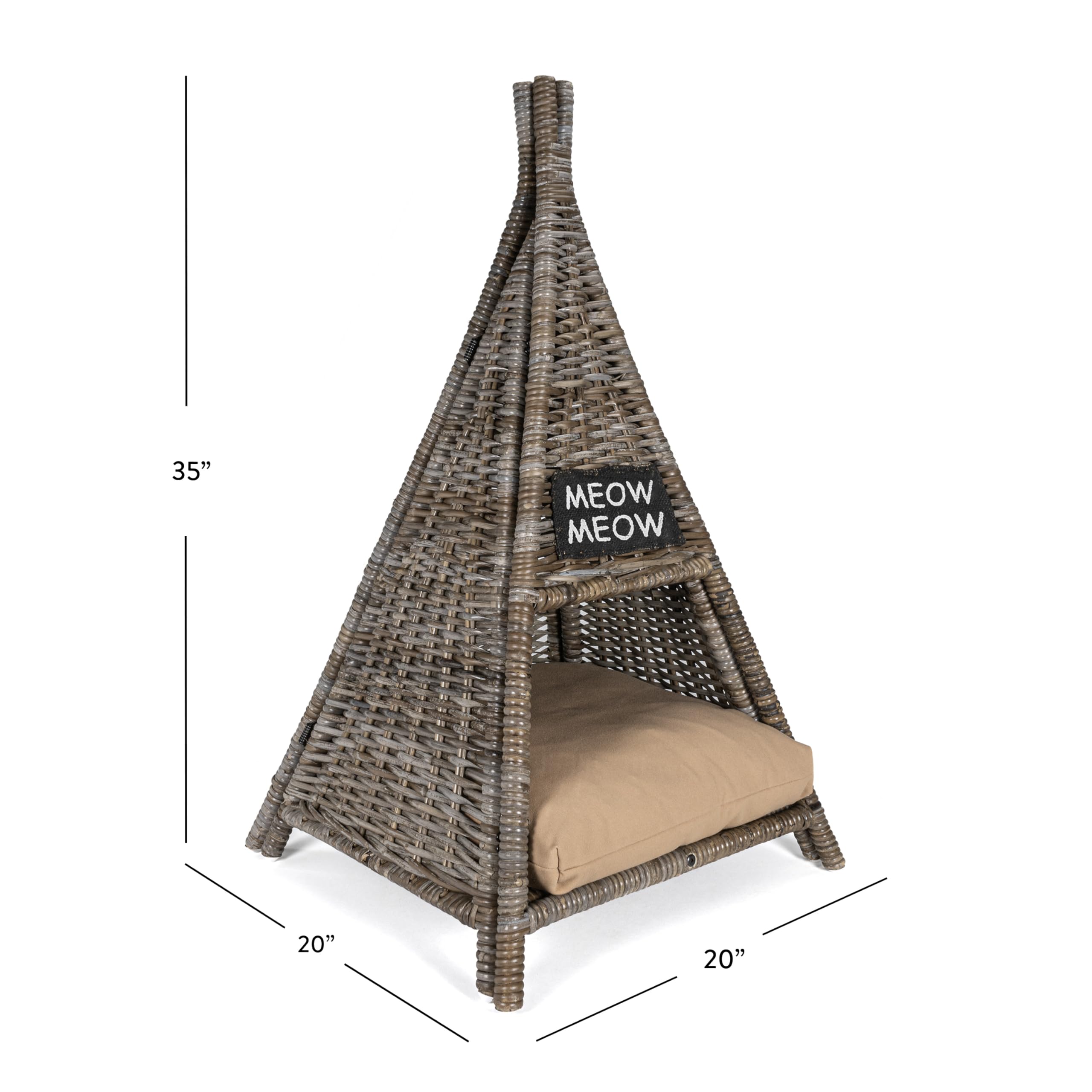 Tiki Tent Coastal Handwoven Rattan Cat Bed with Washable Cushion