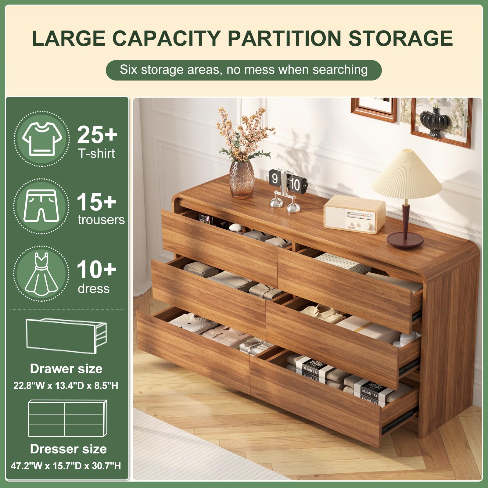 6 Drawer Wood Dresser with Natural Texture