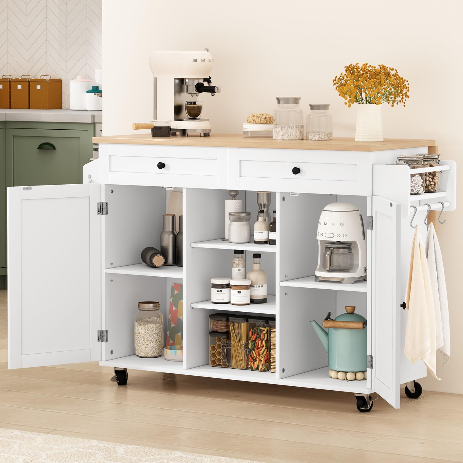 Rolling Kitchen Island Cart with Drop Leaf and Storage