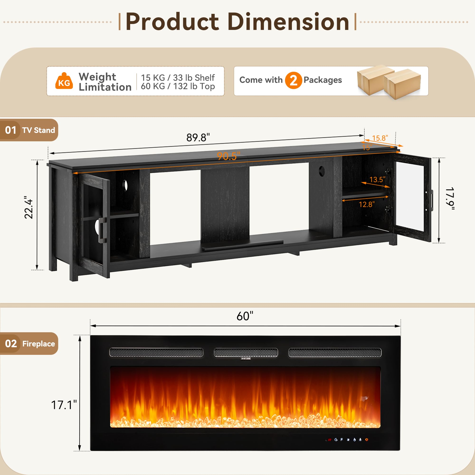 90" Electric Fireplace TV Stand with WiFi Control