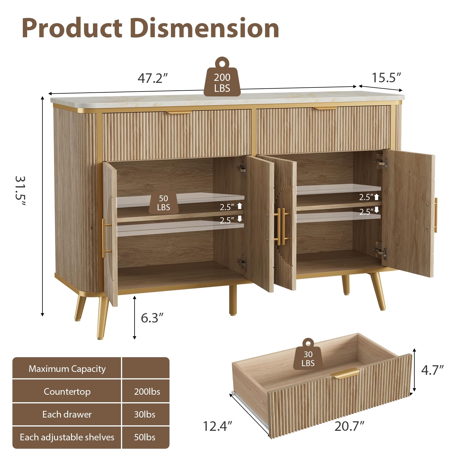 Fluted Buffet Storage Cabinet with Adjustable Shelves