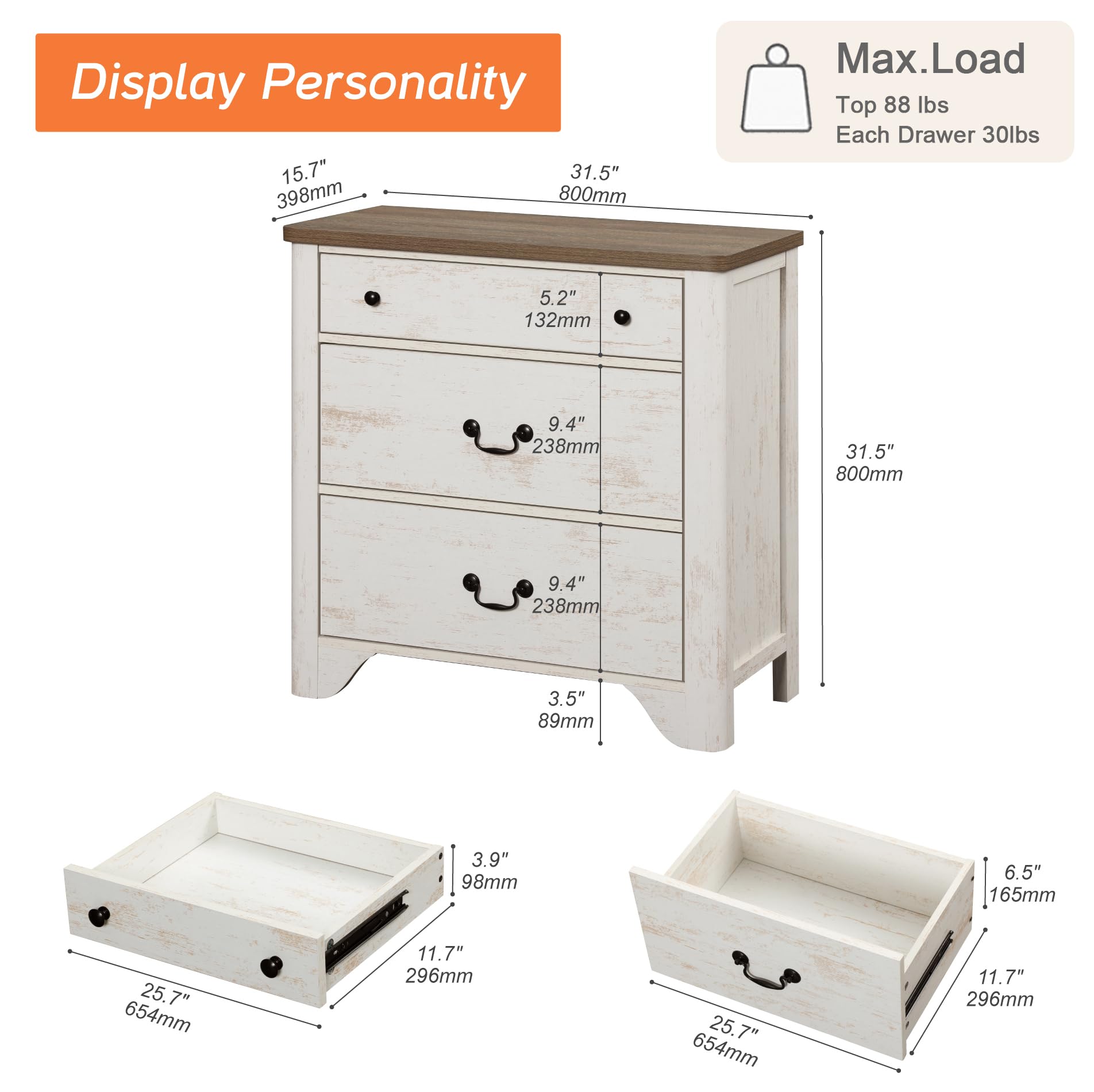 3-Drawer Dresser with Curved Profile Design