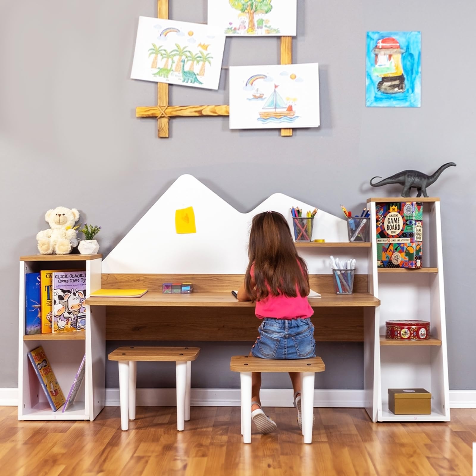 LAWA FURNITURE Kid's Study Desk with Bookshelf + 2 Stools for Ages 3-8, Wooden Children Activity Table with Hutch and Shelves, Kids Bedroom Study Desk with Storage