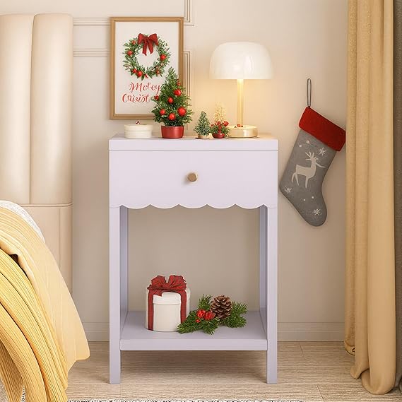 Scalloped Edge Nightstand with Drawer and Storage Shelf
