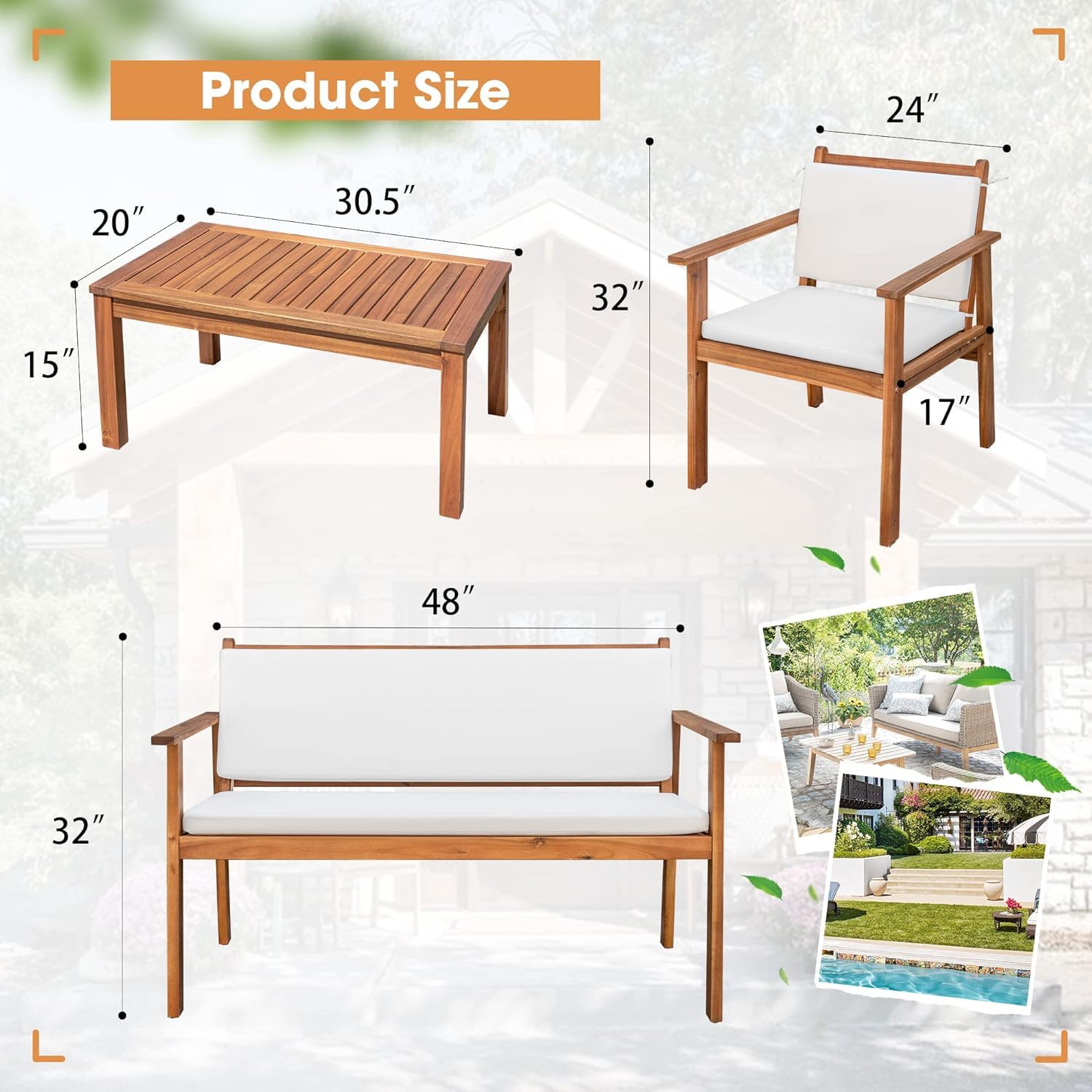 4 Piece Acacia Wood Patio Conversation Set with Cushions