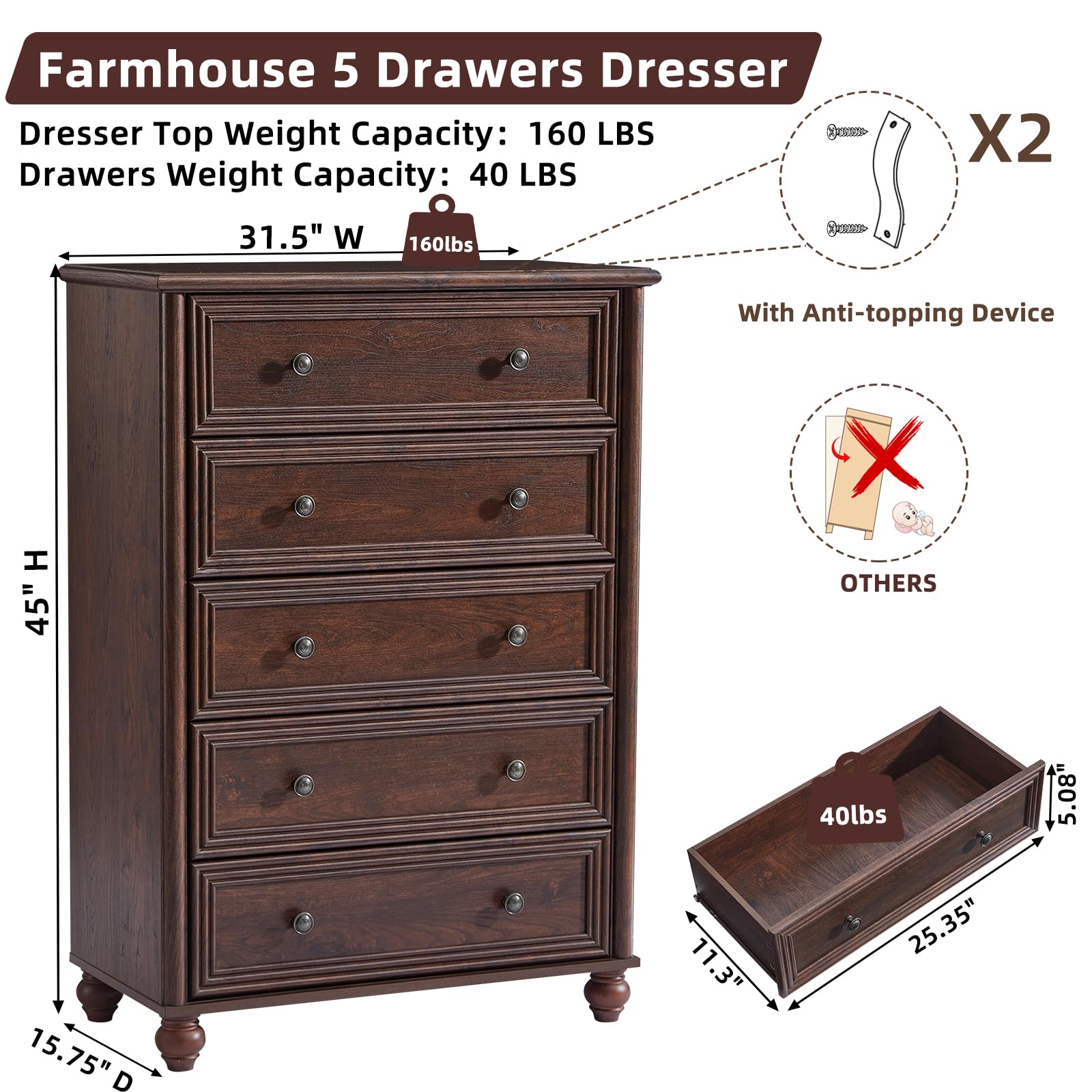 5 Drawer Dresser with Roman Column Design