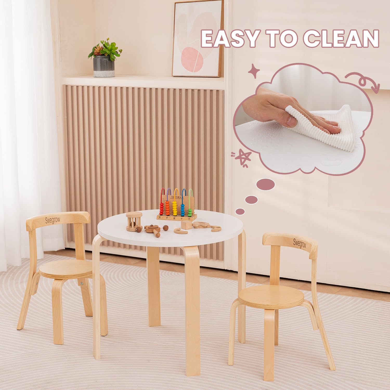 Swegrow Kids Table and 2 Chairs Set, Wooden Table and Chairs for Kids & Toddler，Kid Wooden Furniture for Playroom/Home/Kindergarten
