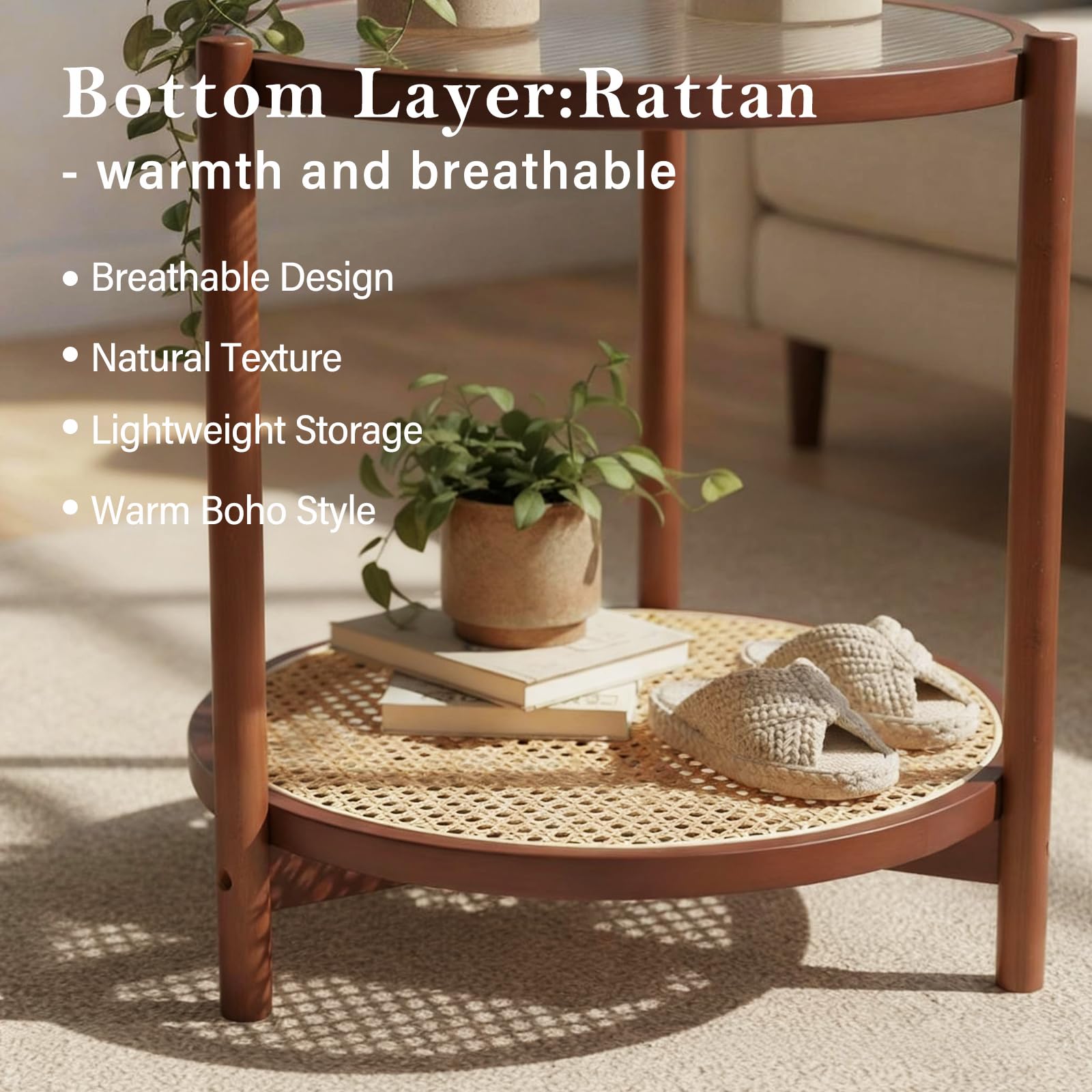 Rattan Coffee Table Round End Table 2-Tier Bamboo Glass Top
