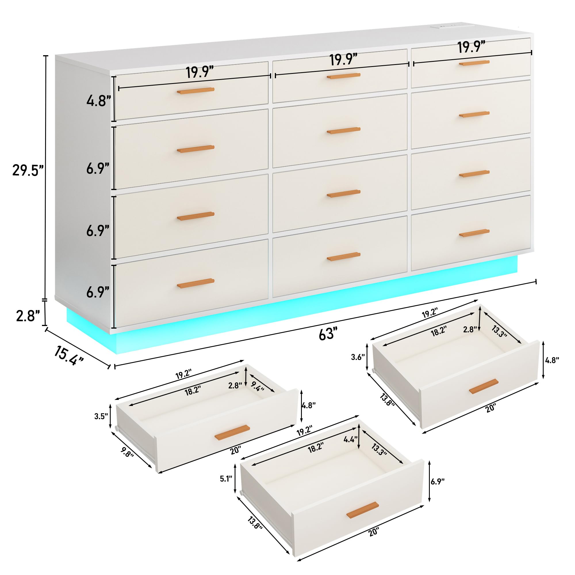 White 12 Drawer Dresser with Power Outlet and LED Lights