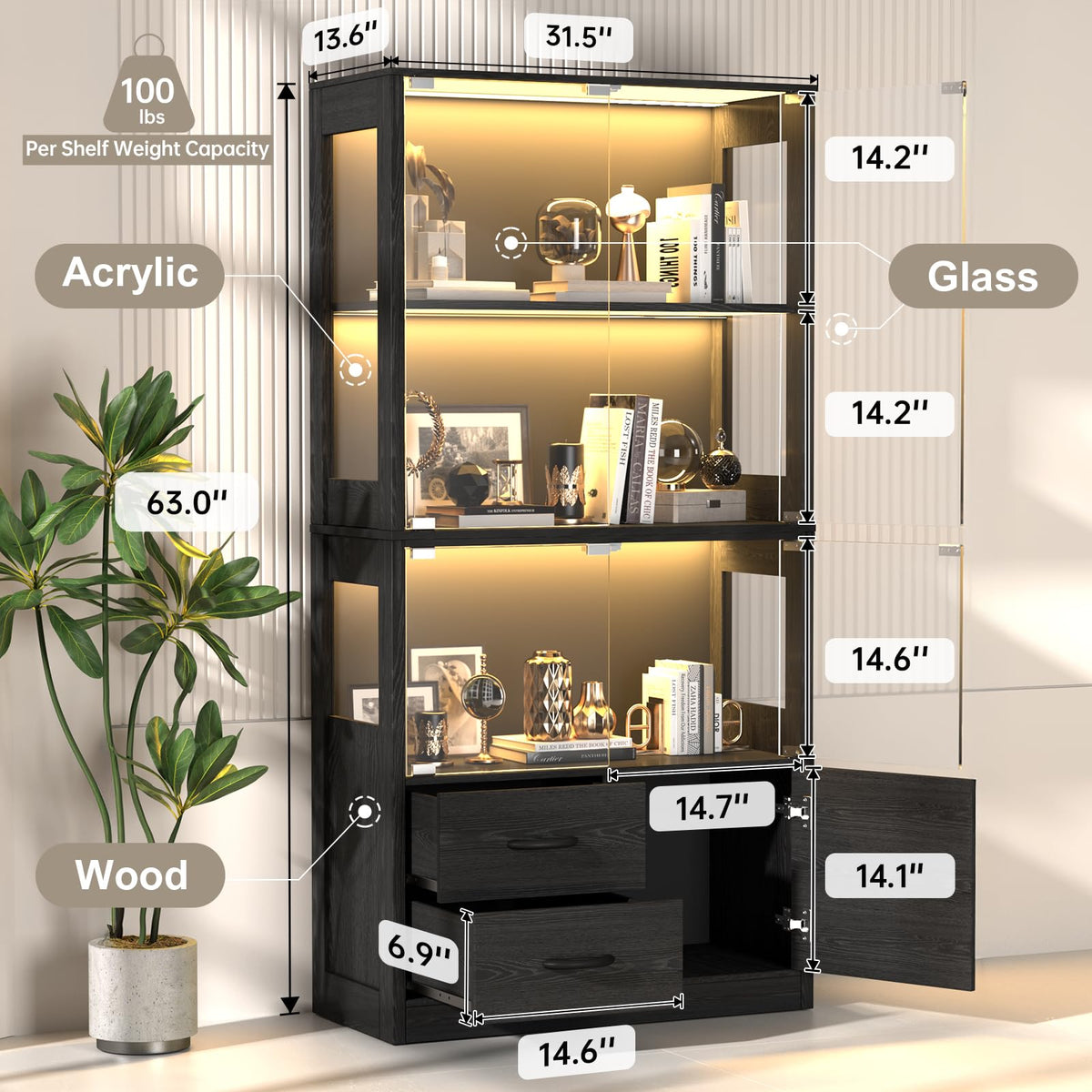 4-Tier Display Cabinet with Glass Doors and LED Lights