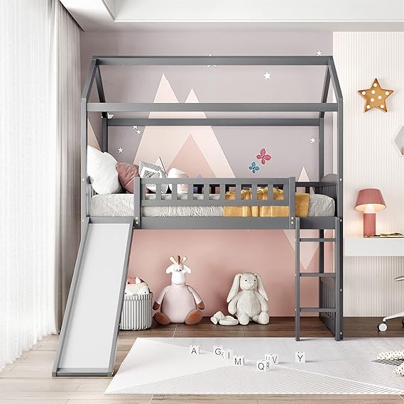 Queen Size Kids Loft Bed with Storage Shelves and Cabinet