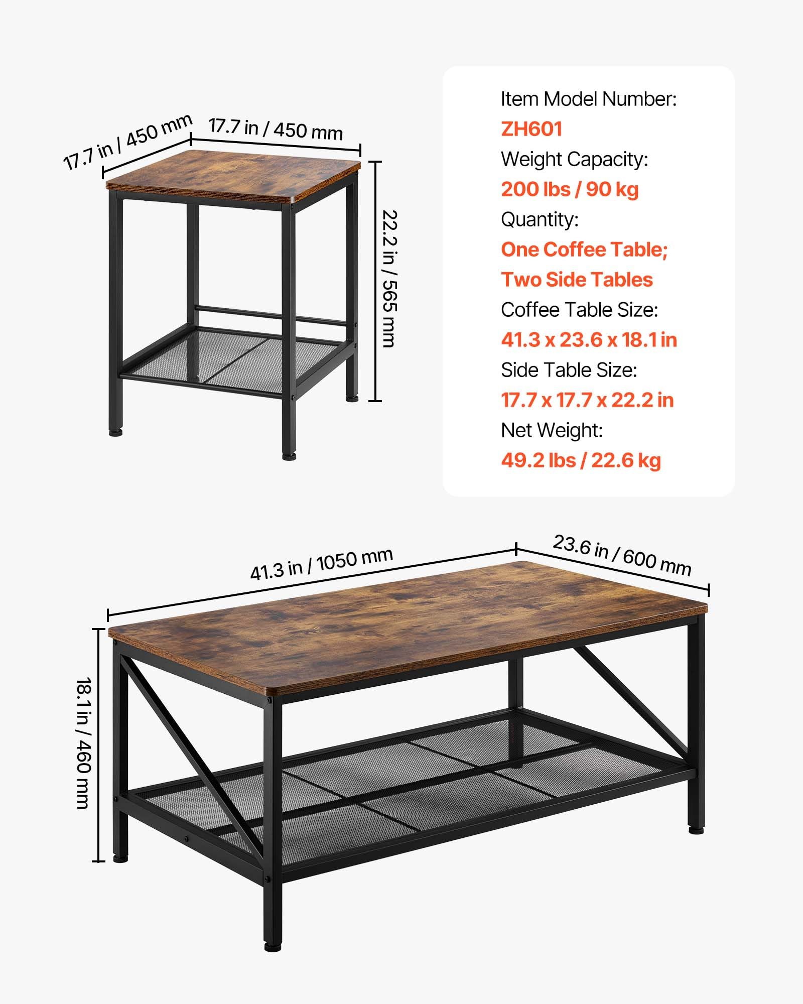 3-Piece Industrial Coffee Table Set with End Tables