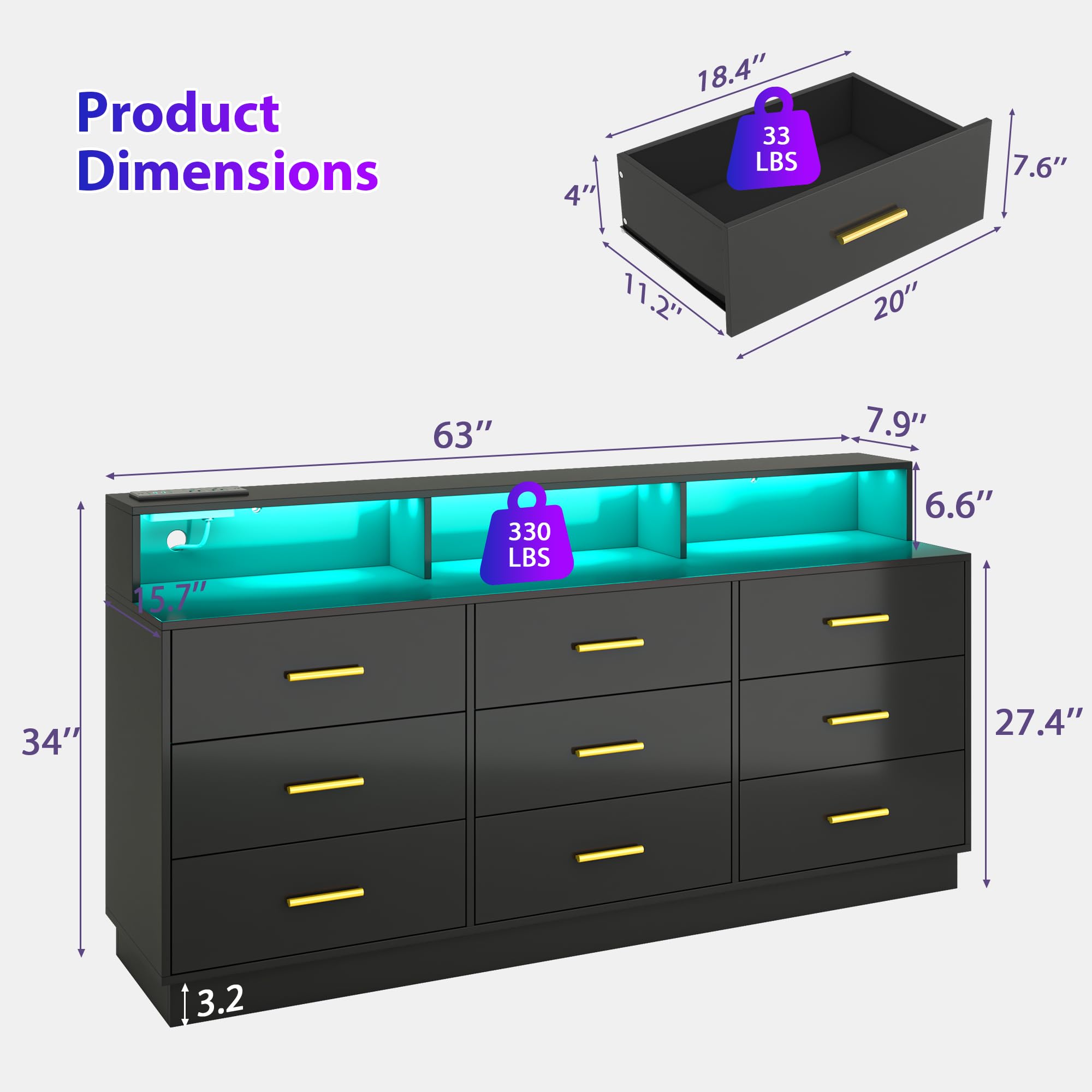 9 Drawer Dresser with LED Light and Power Outlet