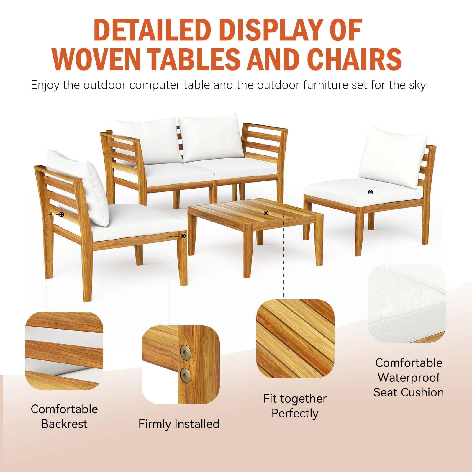 5 Piece Acacia Wood Patio Conversation Set with Waterproof Cushions
