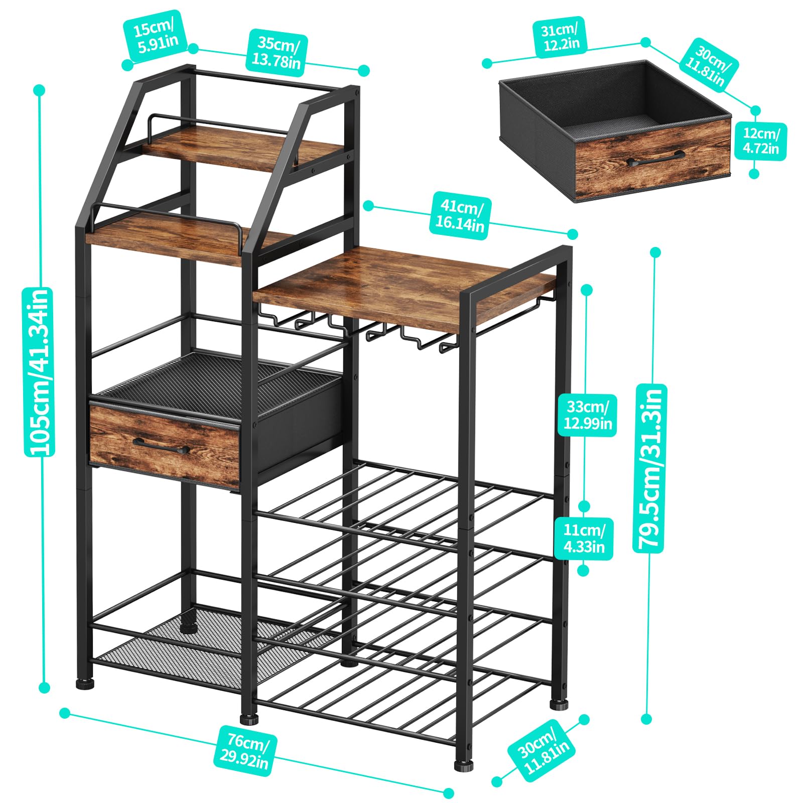 4-Tier Wine Rack with Glass Holder and Fabric Drawer