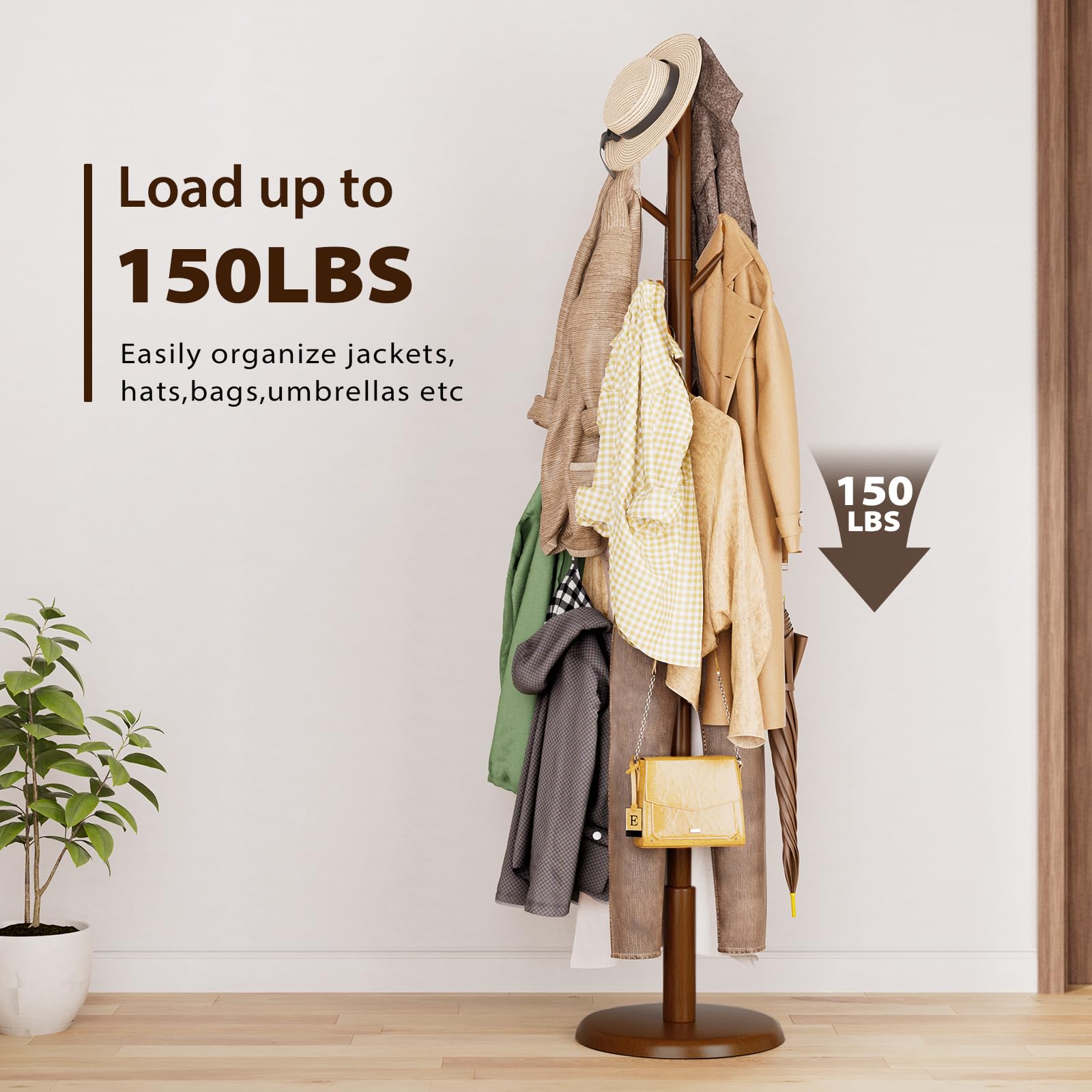 Solid Wood Freestanding Coat Rack with 10 Hooks