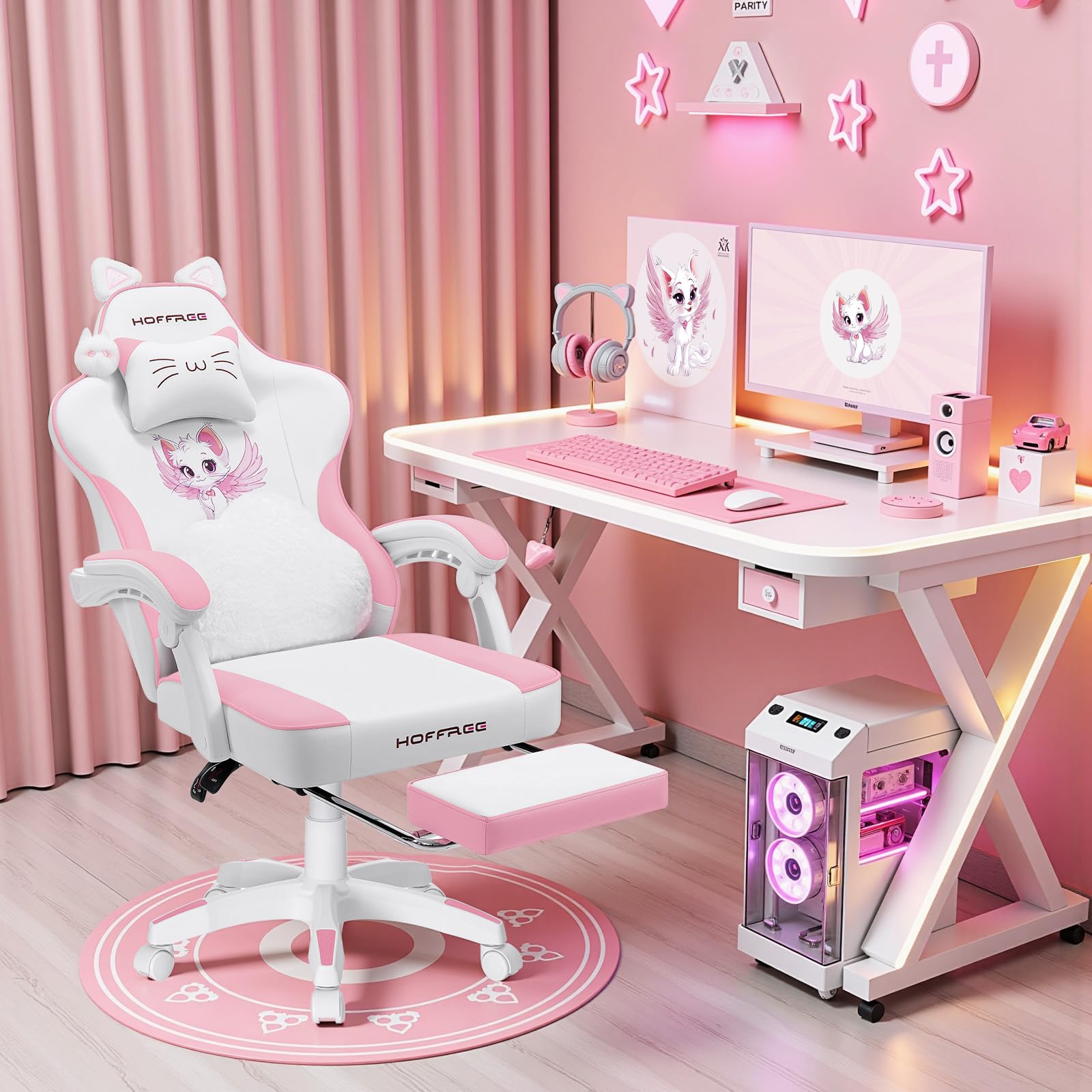 Pink Gaming Chair with Cat Ears and Massage Lumbar
