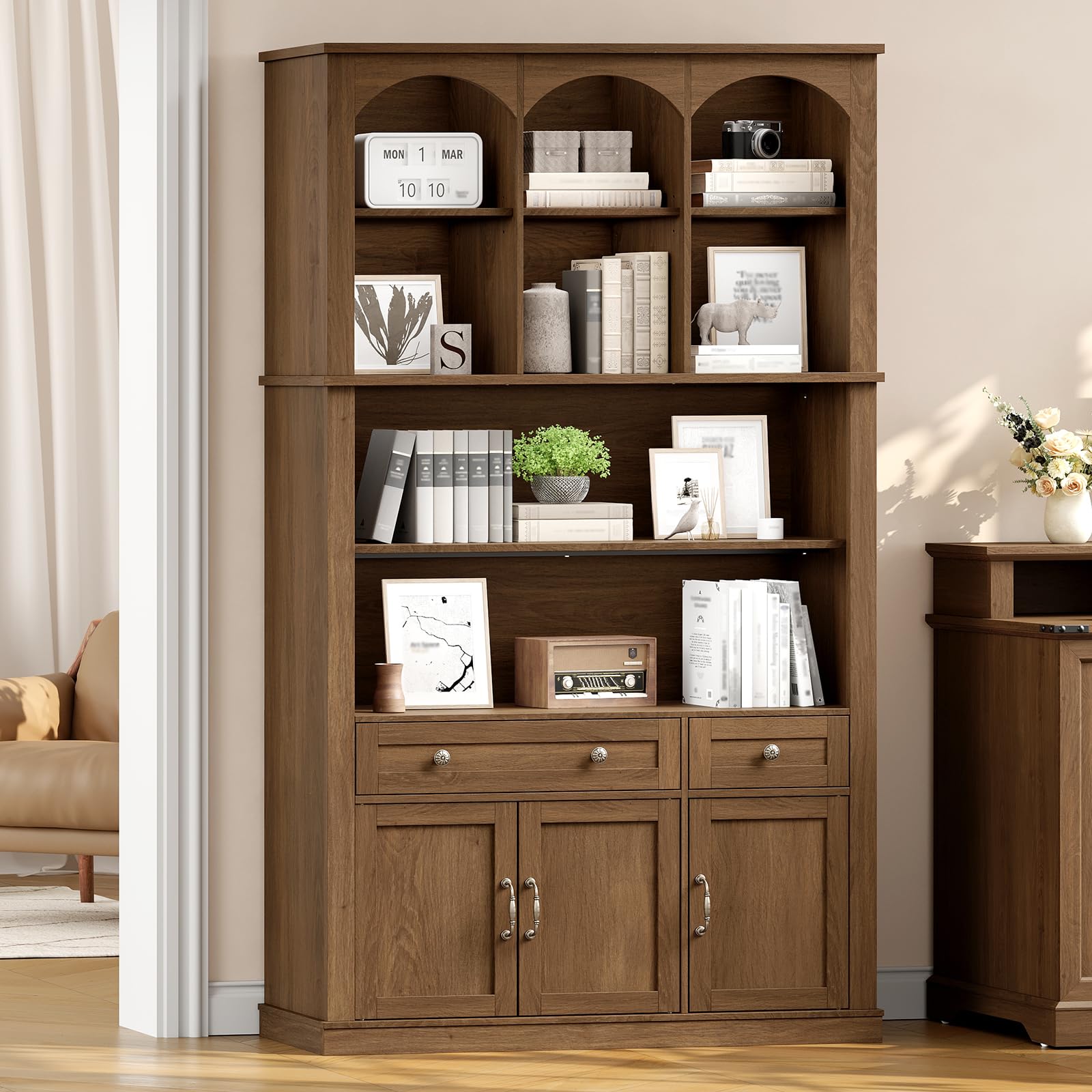 73.2" Tall Farmhouse Arched Bookshelf with Drawer and Door