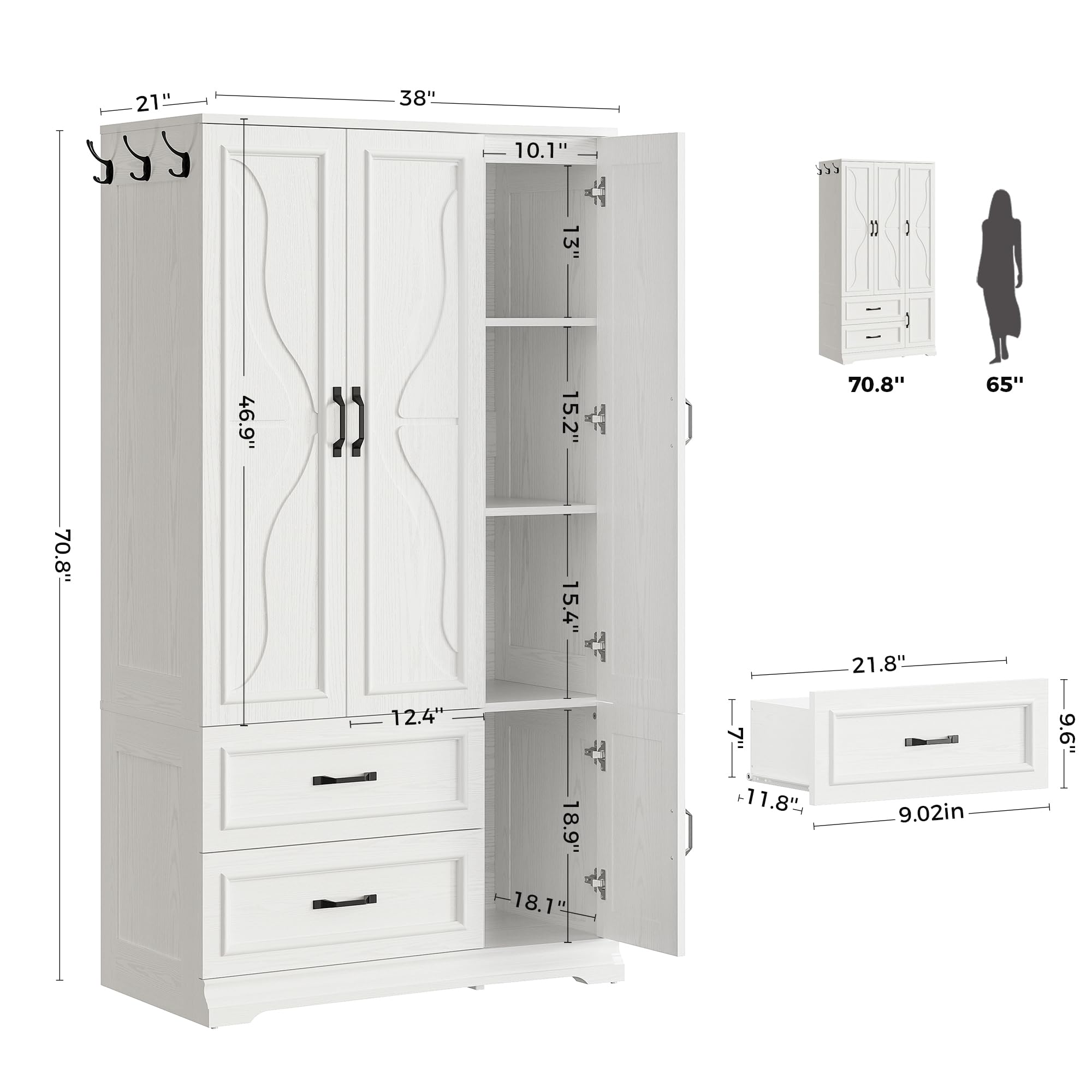 Armoire Wardrobe Closet with 4 Doors and Drawers