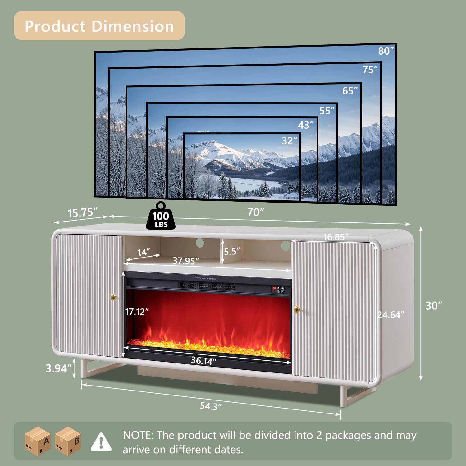 70" Fluted Fireplace TV Stand with Electric Fireplace