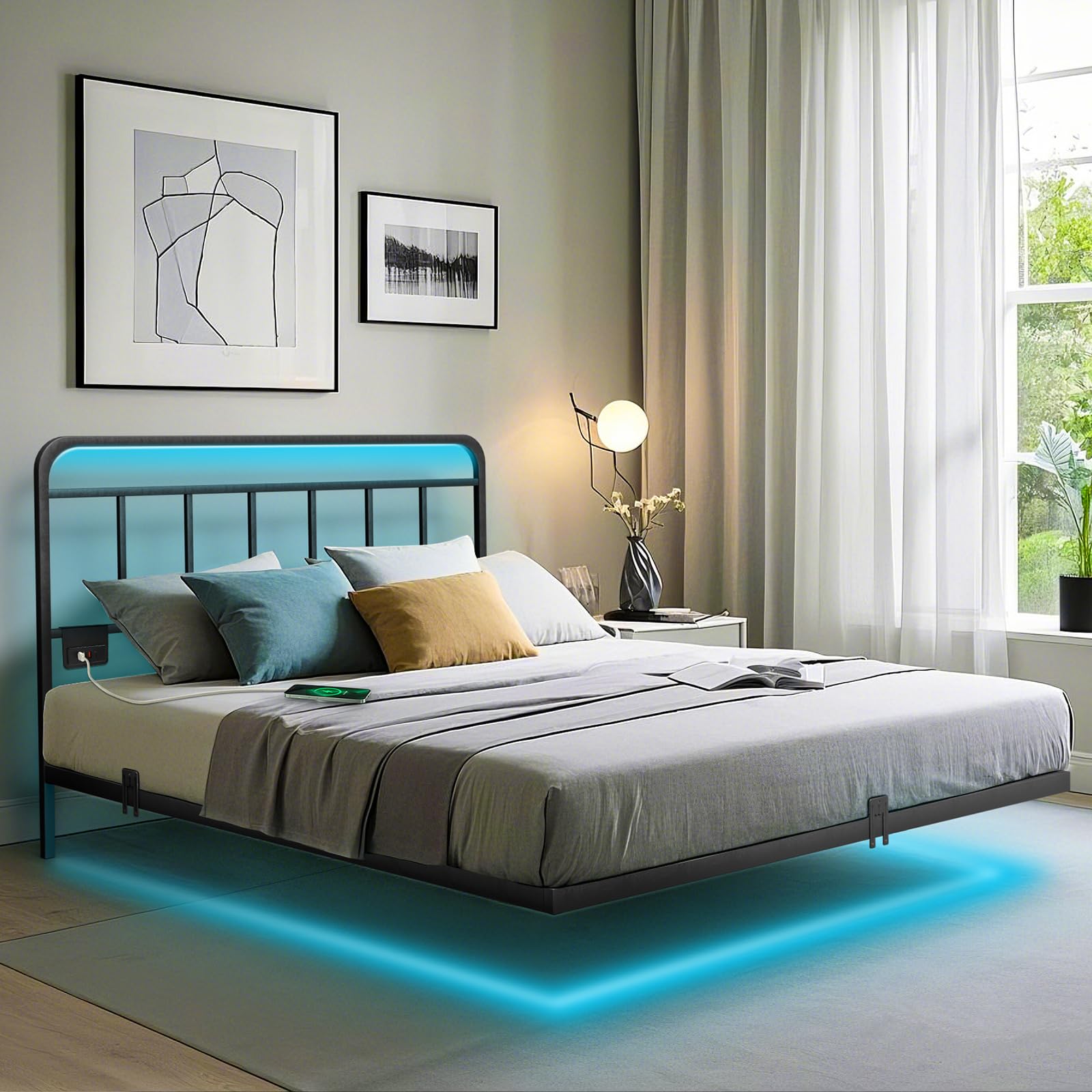Floating Queen Platform Bed Frame with LED Lights & Charging Station