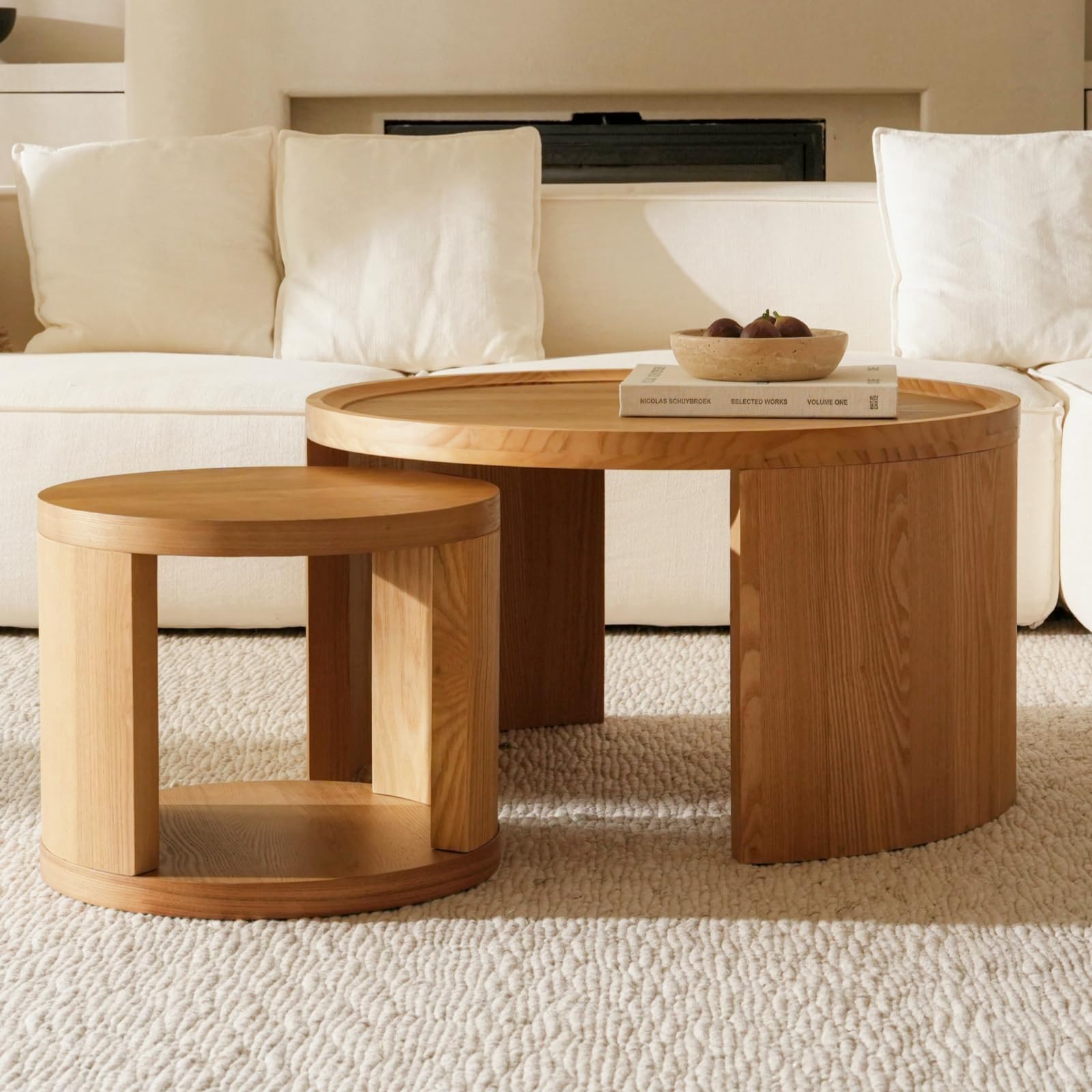 Round Nesting Coffee Table Set of 2 - Wood Look Top