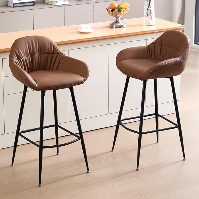 Mid Century Modern Barstool Set of 2 - PU Leather Counter Height Stools with Walnut Bentwood Back