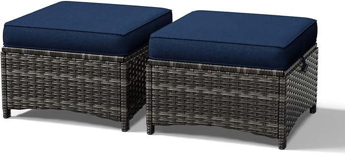 Outdoor Wicker Ottoman Set of 2 with Cushions