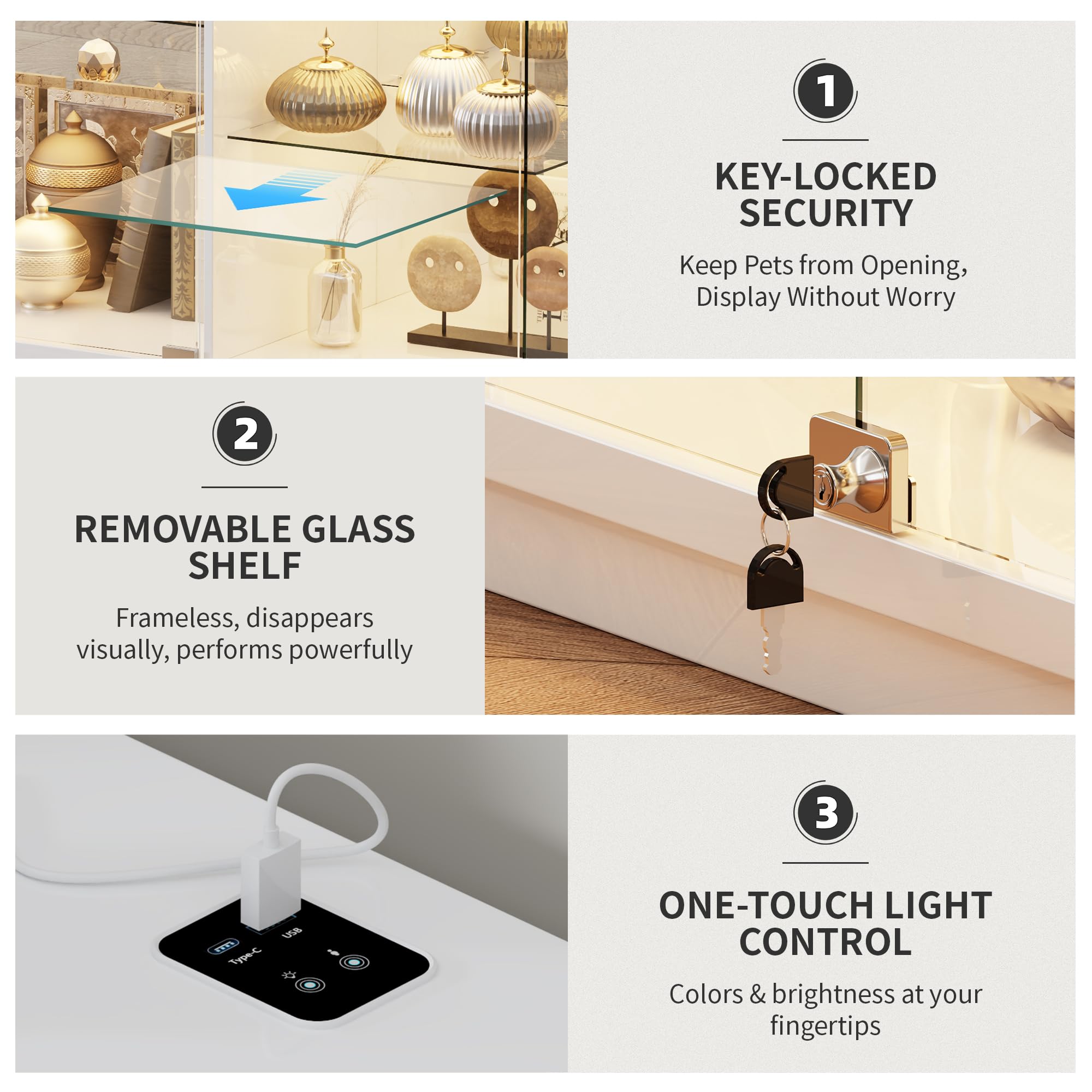 5-Tier Lockable Glass Display Cabinet with LED Lights