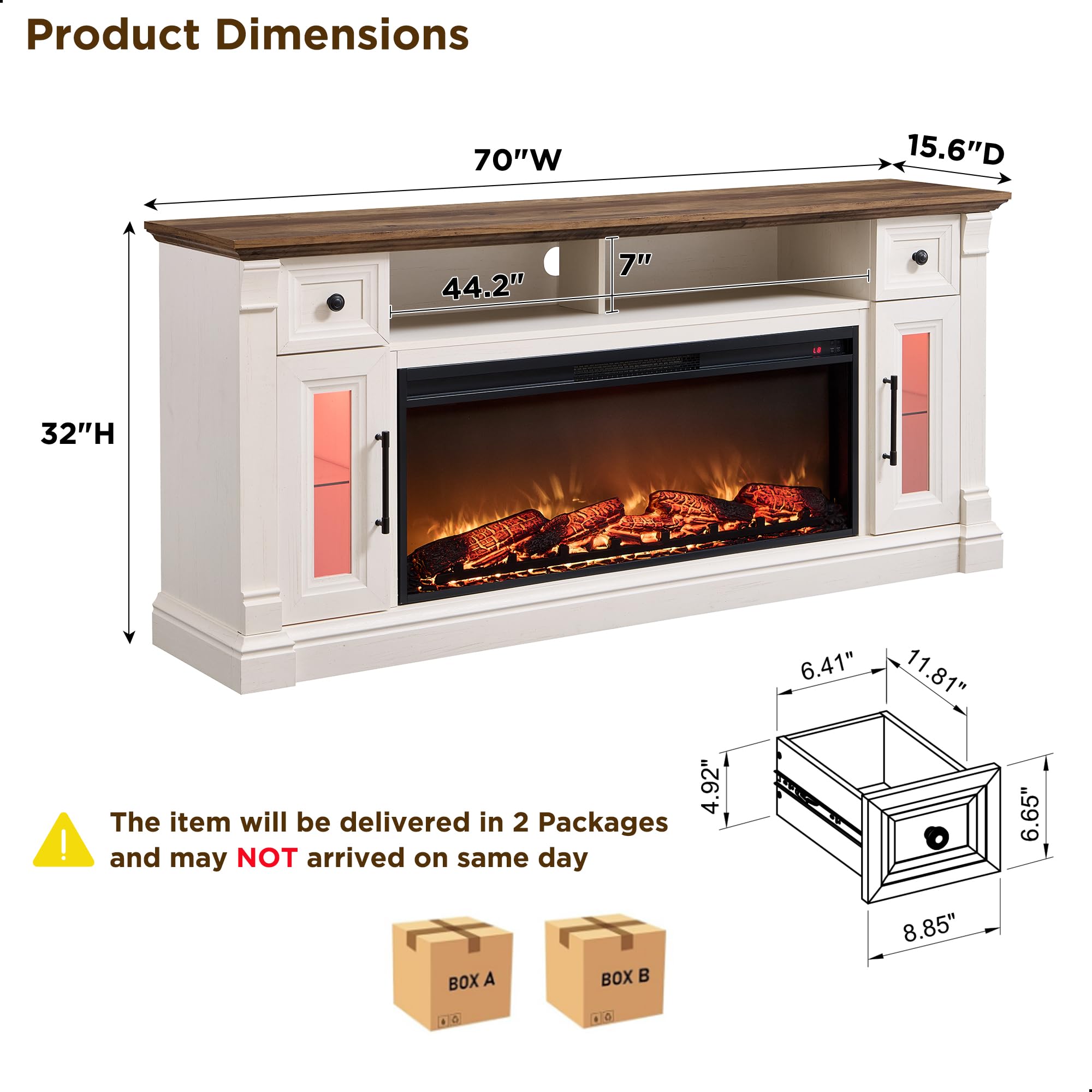 Fireplace TV Stand for 80 Inch TV with Electric Fireplace & LED Lights
