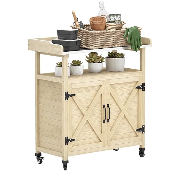 Outdoor Wooden Potting Bench with Storage Cabinet