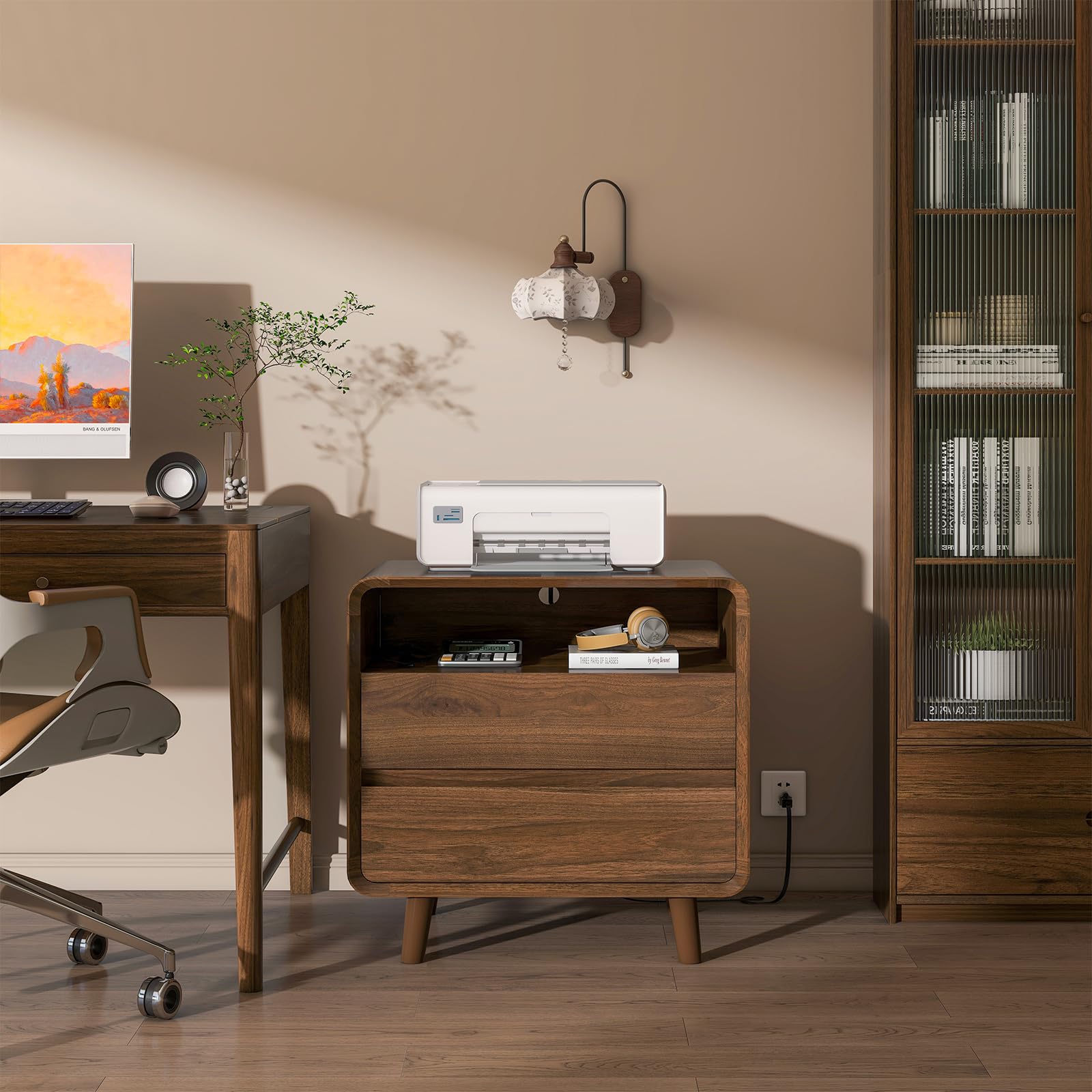 Mid Century Modern Nightstand Set of 2 with Charging Station