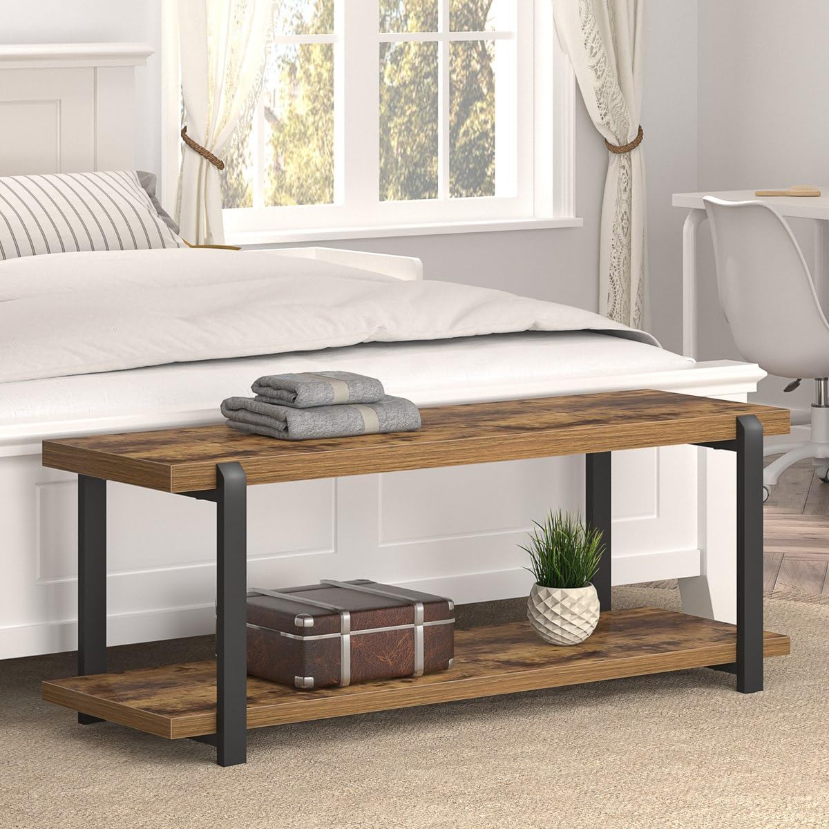 Shoe Storage Bench with Open Shelf