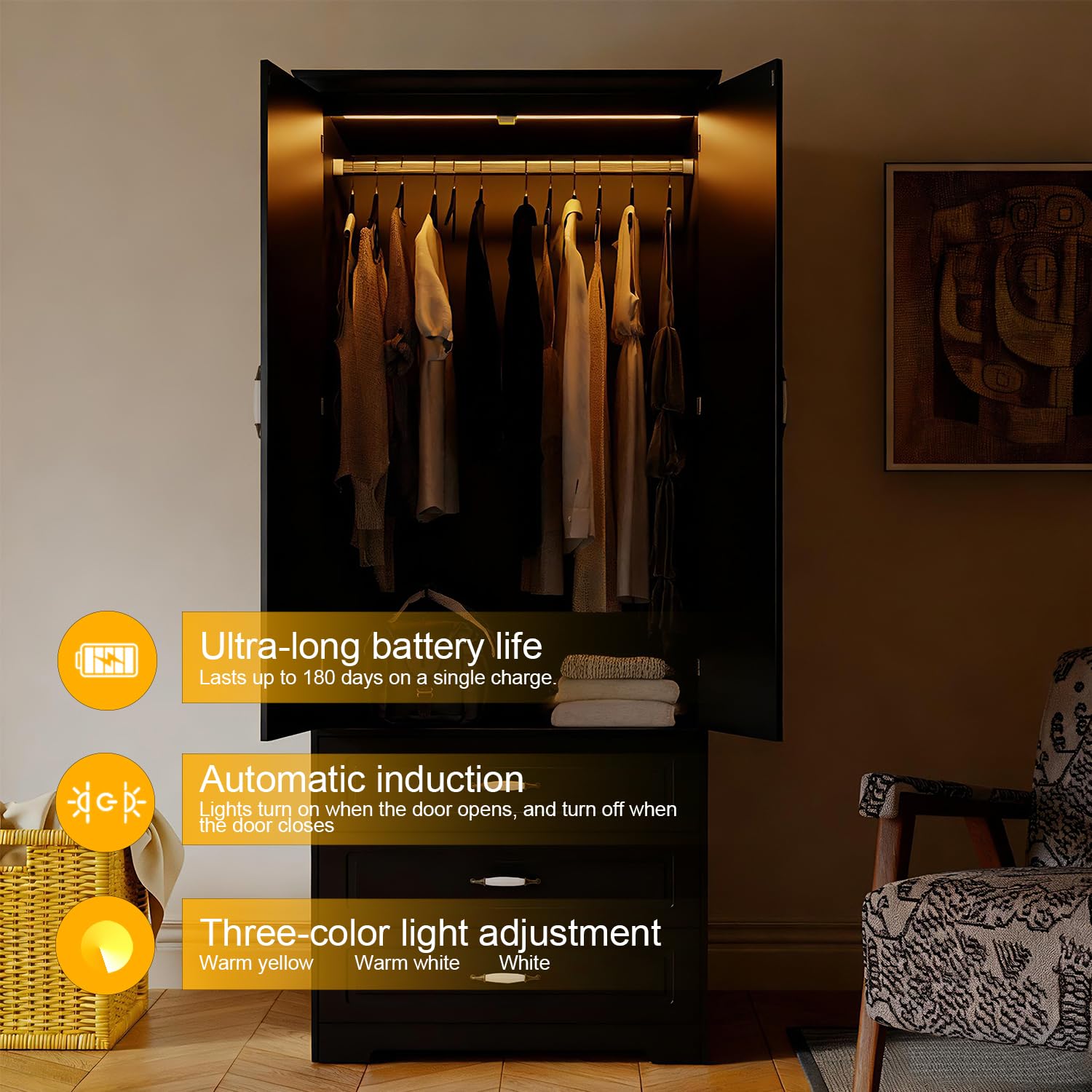 72" Wooden Armoire Wardrobe Closet with 3 Drawers and LED Light
